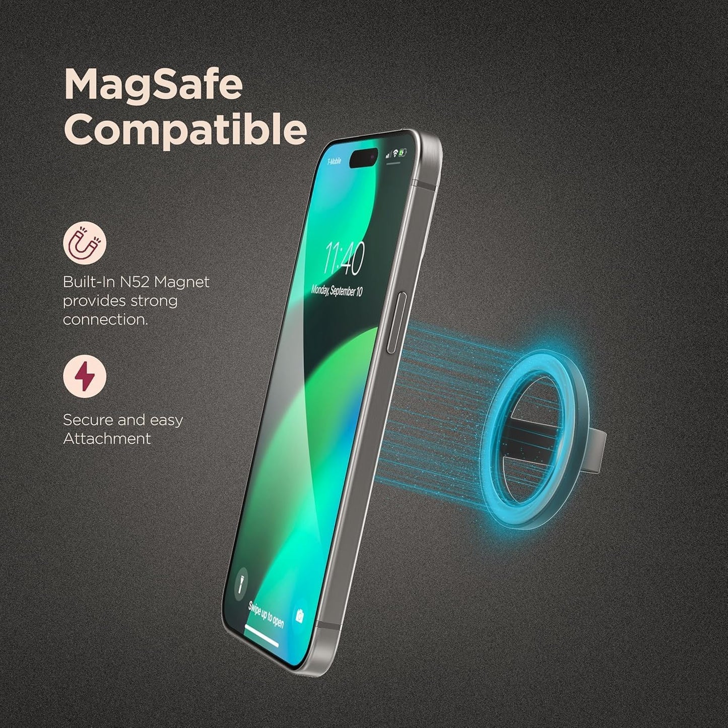 Encased Magnetic Phone Grip Holder Thin Silicone Finger Loop Ring, Compatible with Magsafe (Black)