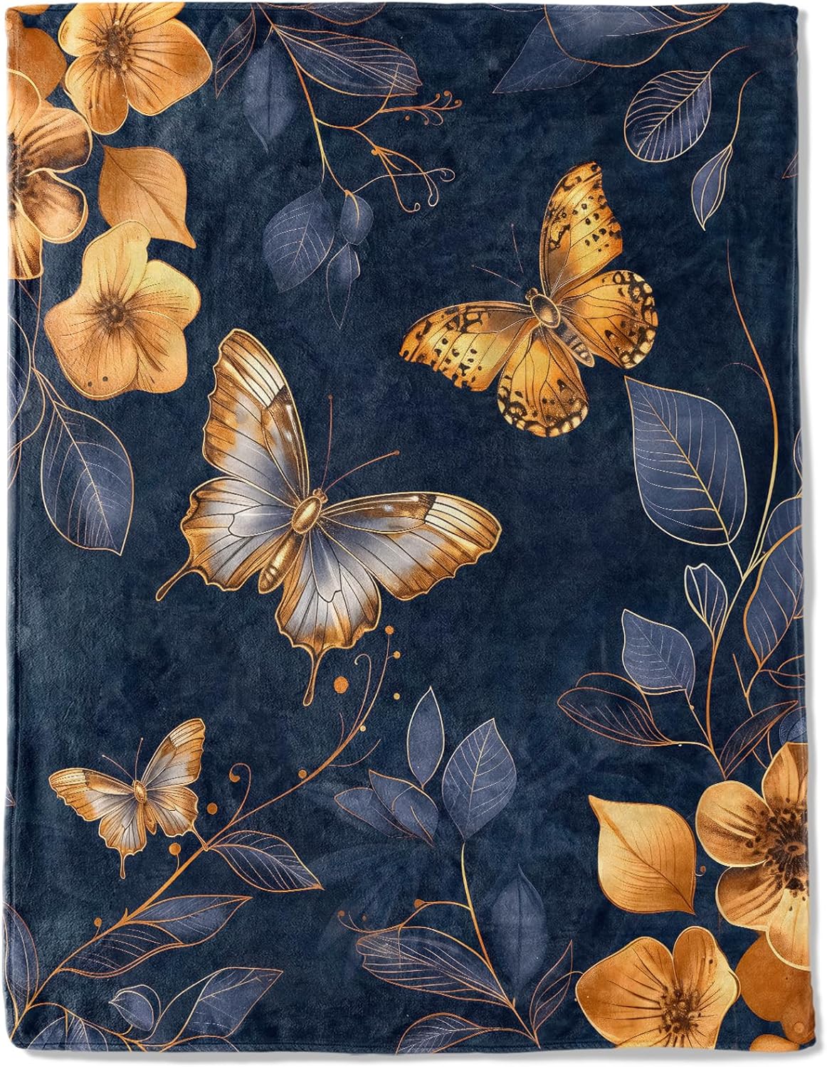 Elegant Butterfly Floral Fleece Throw Blanket 50x60 Inch,Vintage Golden Botanical Insect Decorative Throws,Soft Lightweight Blankets for Reading Chair Bed,Cozy Gifts for Nature Lovers Women