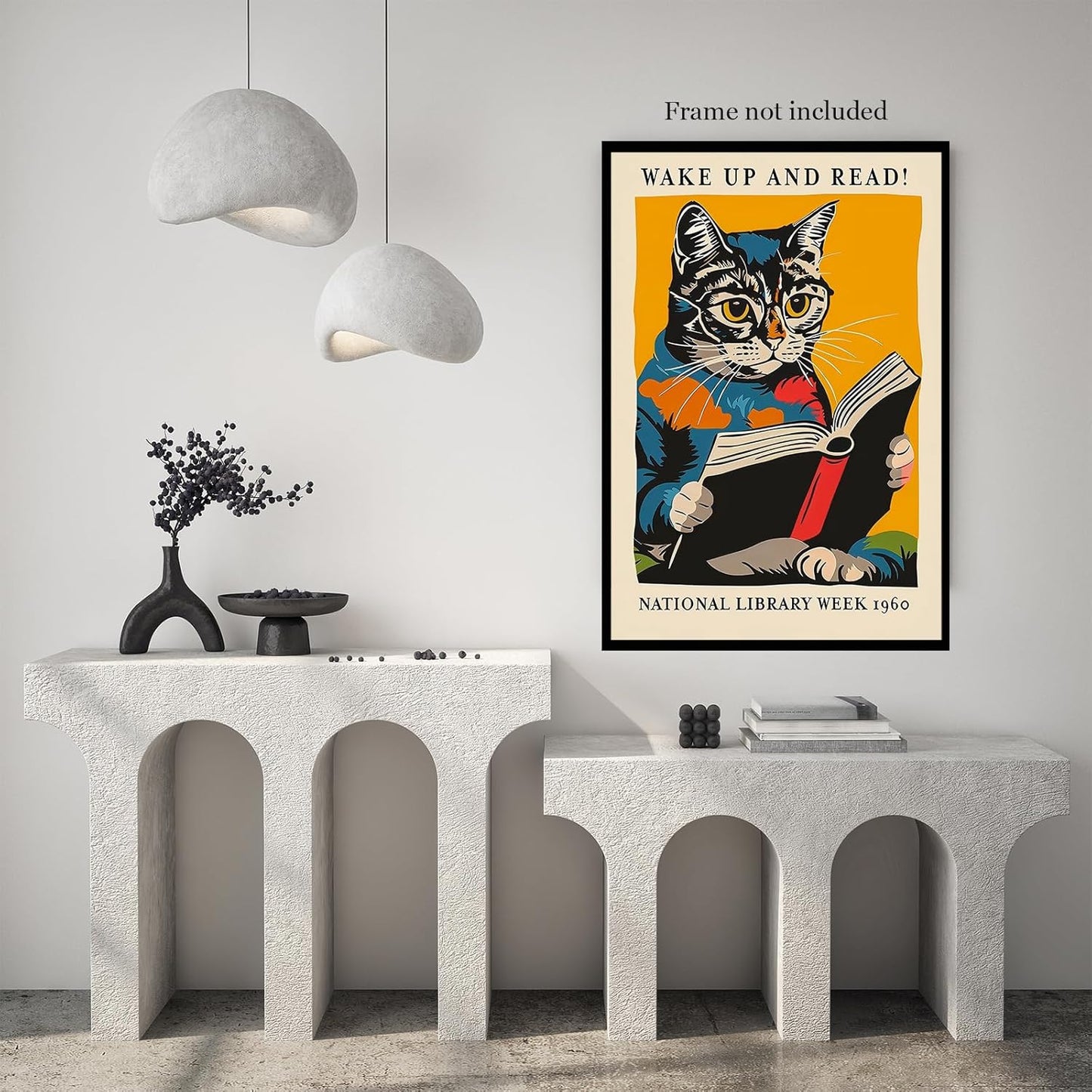 Vintage Cat and Book Poster Wall Art, Wake Up and Read Canvas, 1960 National Library Week Picture Prints Wall Decor for Book Lovers Bedroom 12x16 Inch Unframed