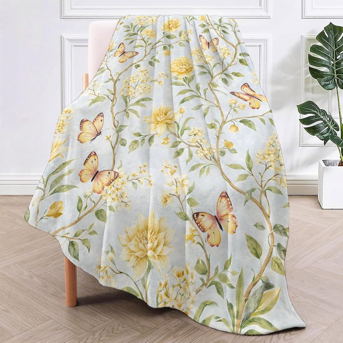 Watercolor Floral Butterfly Throw Blanket, Yellow Blossom Branch, Soft Flannel Fleece, 50x60 Inch, Couch Sofa Blankets for Women Nature Lover, Cozy Spring Cottage Flower Home Decor Gifts