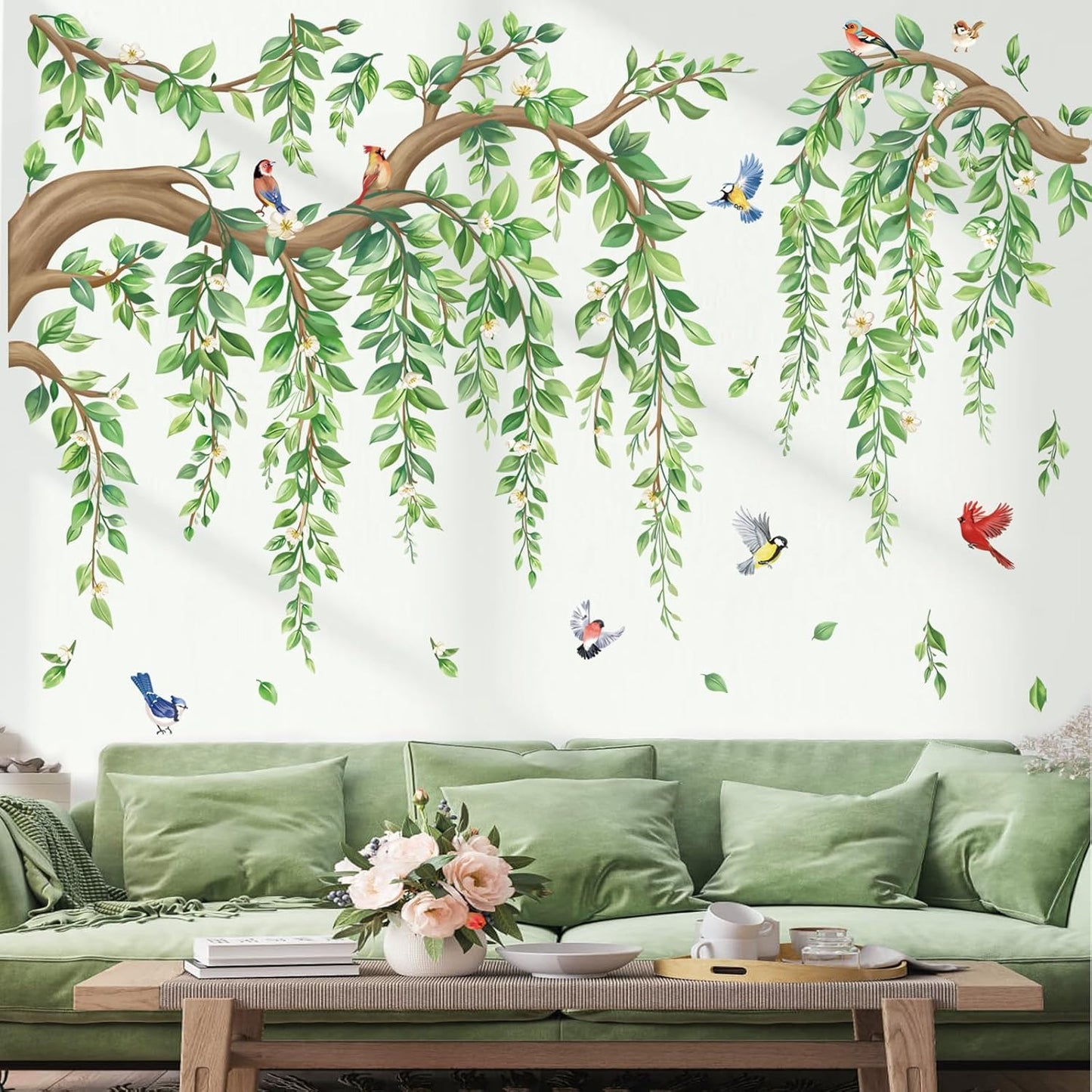 wondever Large Tree Branch Hanging Vine Wall Stickers Green Leaf Flower Birds Peel and Stick Wall Art Decals for Living Room Bedroom TV Wall