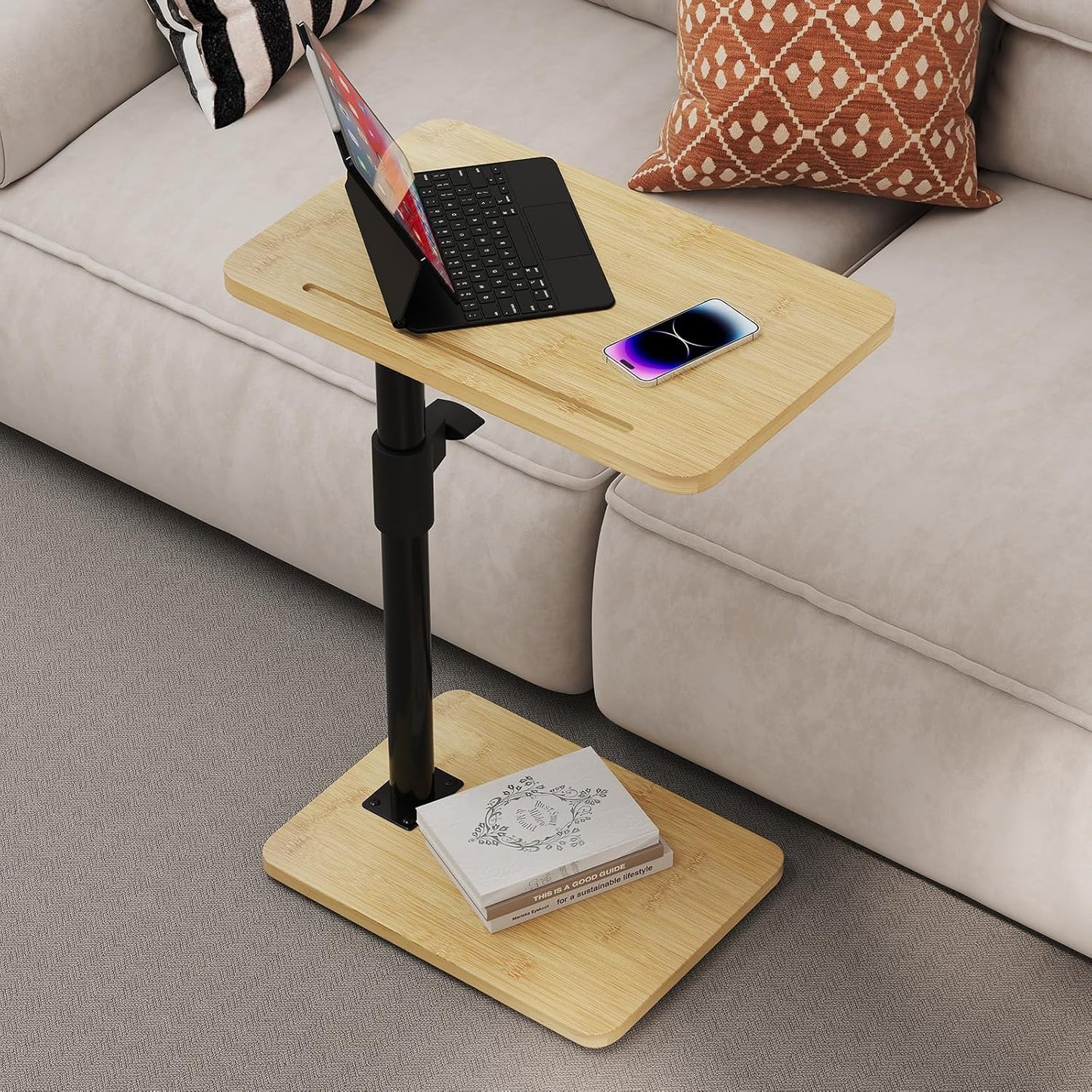 Sofa Armrest Tray Table - 360° Bamboo Swivel TV Trays - Height Adjustable Side Table for Bed or Chair with Phone and Tablet Slots - End Tables for Small Spaces