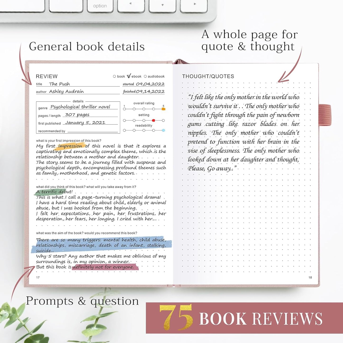 Reading Journal A5- Book Log for 75 Reviews & Progress Tracking - Gift for Book Lovers -Rose Gold