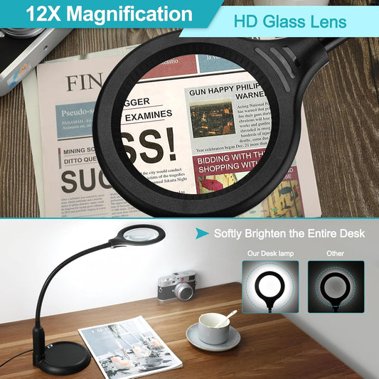 12X Magnifying Glass with Light and Clamp, 5 Color Modes Stepless Dimmable Lighted Magnifier with Stand, Flexible Gooseneck LED Desk Lamp Hands Free for Craft Reading Painting Hobby Close Work