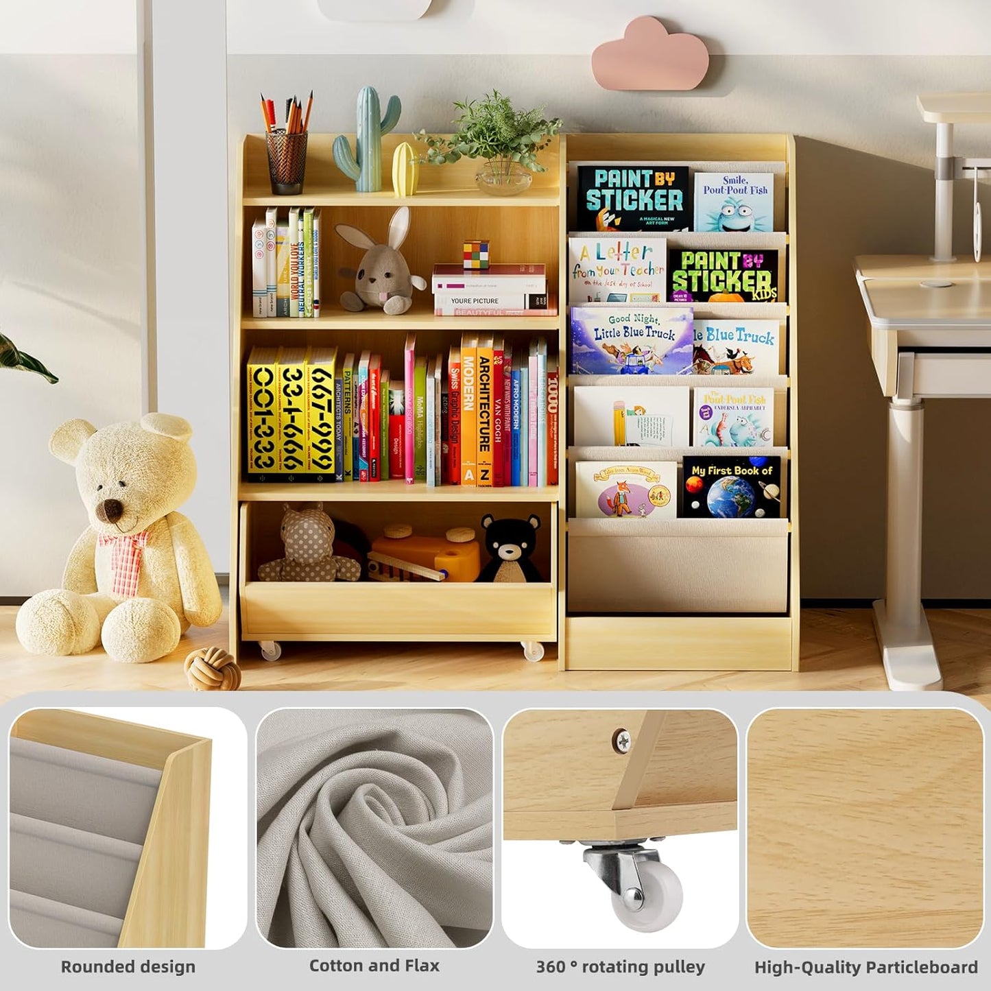 Kids Bookshelf and Toy Storage, 4 Tier Toddler Bookshelf with Movable Drawer, 5 Layer Sling Children Bookcase for Book Storage and Display