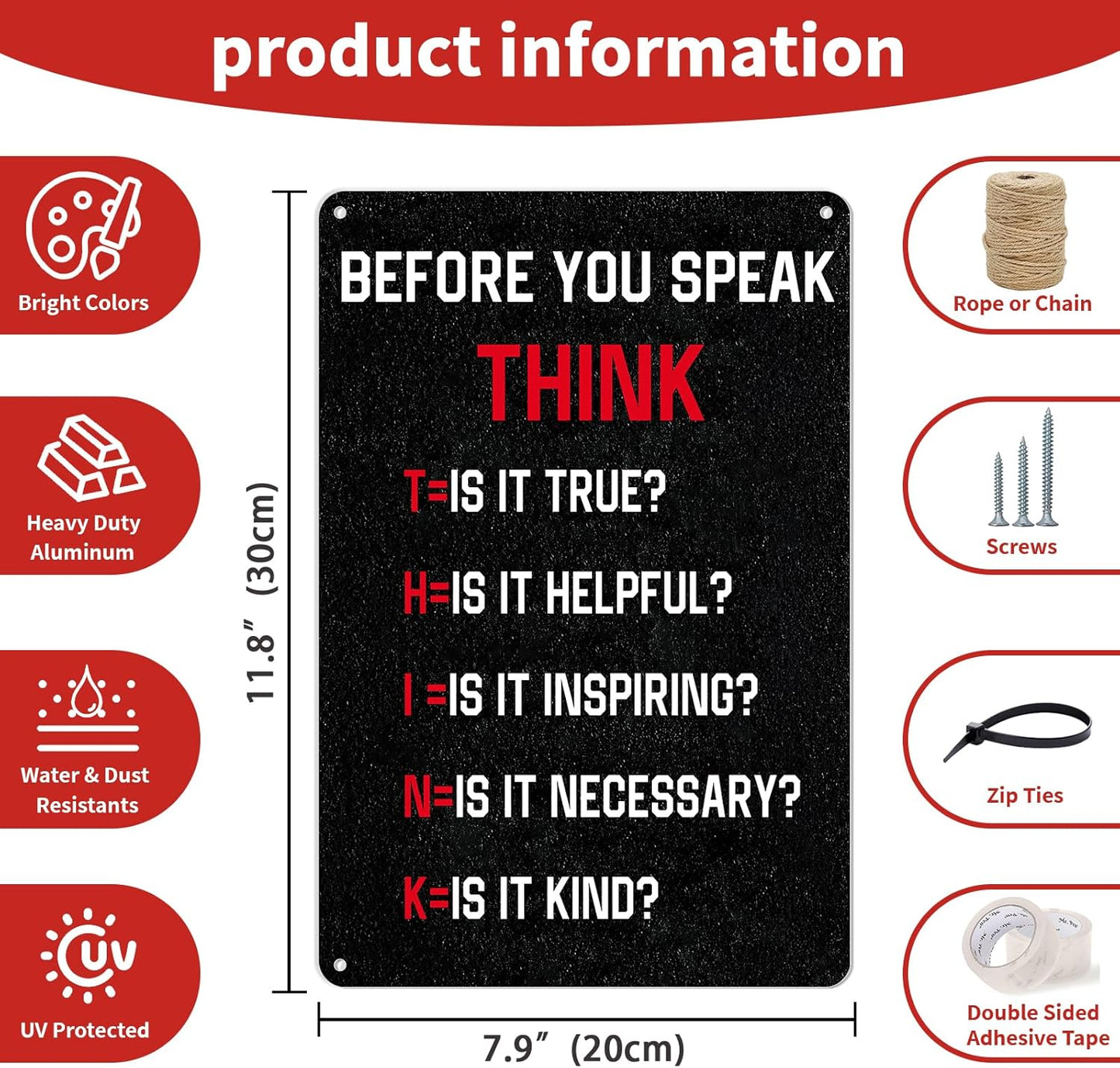 KADEZIA "Think Before You Speak" Metal Wall Art - 8x12 Inch Rust-Proof Aluminum Motivational Quote Sign | Good Gift for Teachers, Coworkers, Parents | Inspirational Decor for Classroom, Office, Home (035)