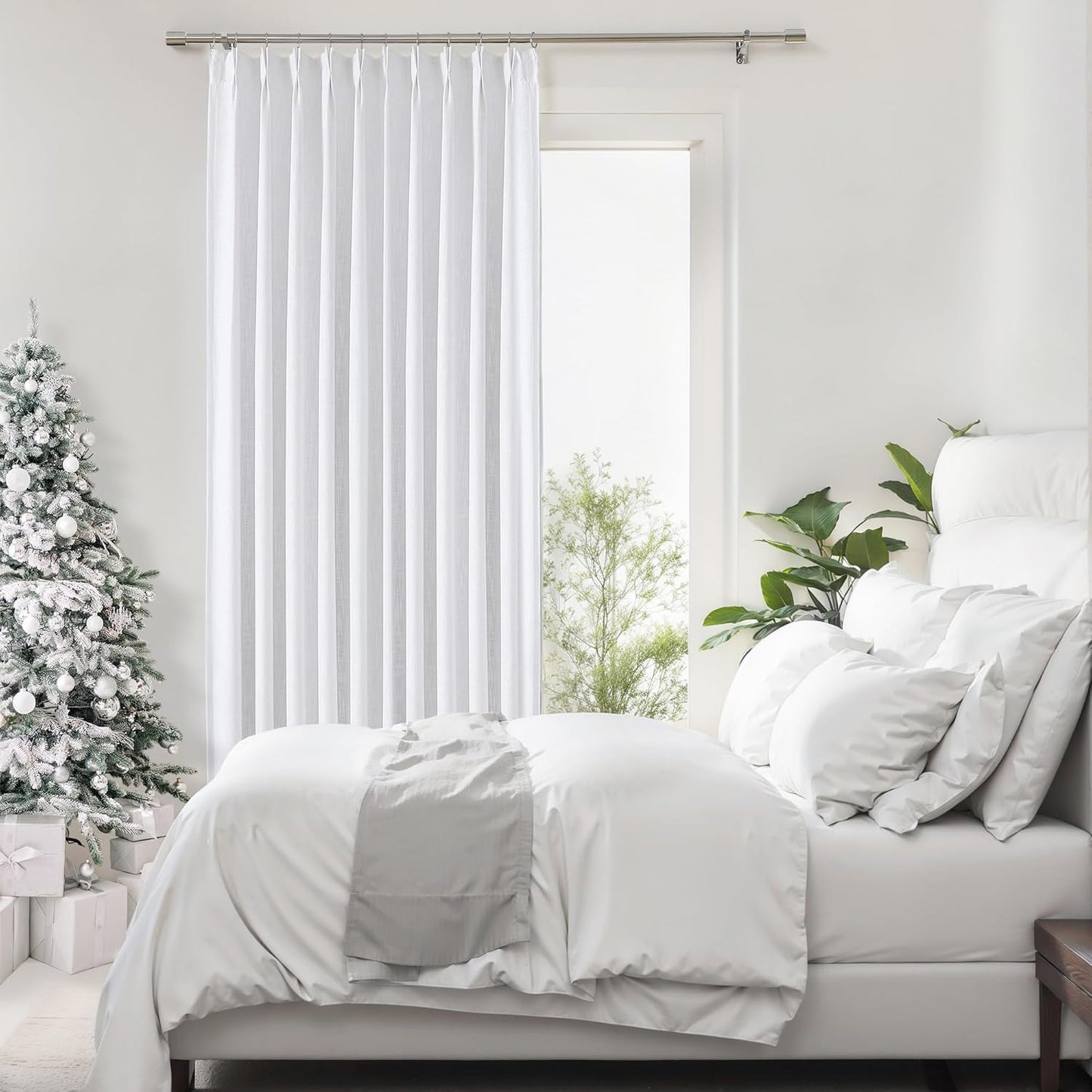 White Pinch Pleated Full Blackout Curtains Linen Texture Thermal Insulated Window Treatment Panel 84 Inch Long for Living Room Bedroom Noise Reducing Back Tab Drapes with Hooks, 1 Panel, 60"Wx84"L