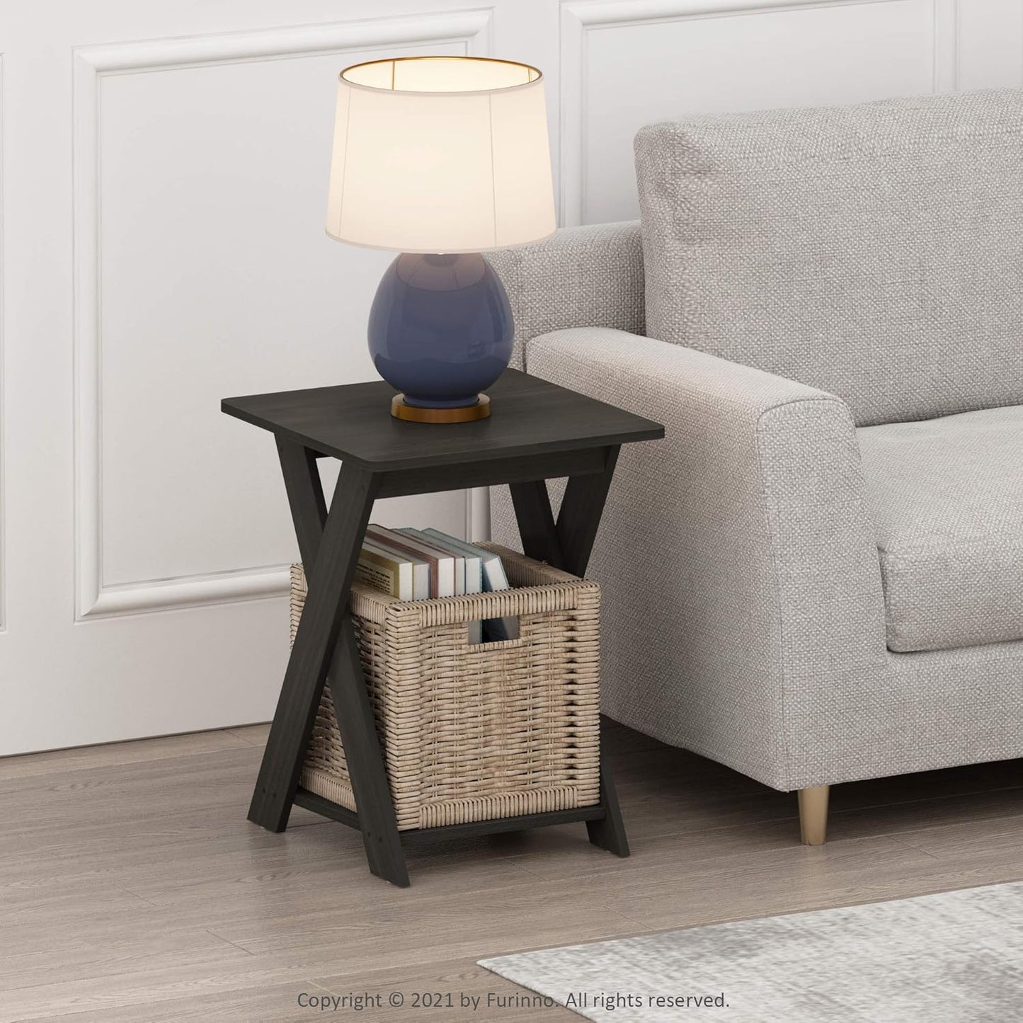 Furinno Modern Simplistic Side Table, 2-Tier Square End Table with Lower Open Shelf and X-Legs, Criss-Crossed Night Stand, Bedside Table, for Living Room, Bedroom, Espresso