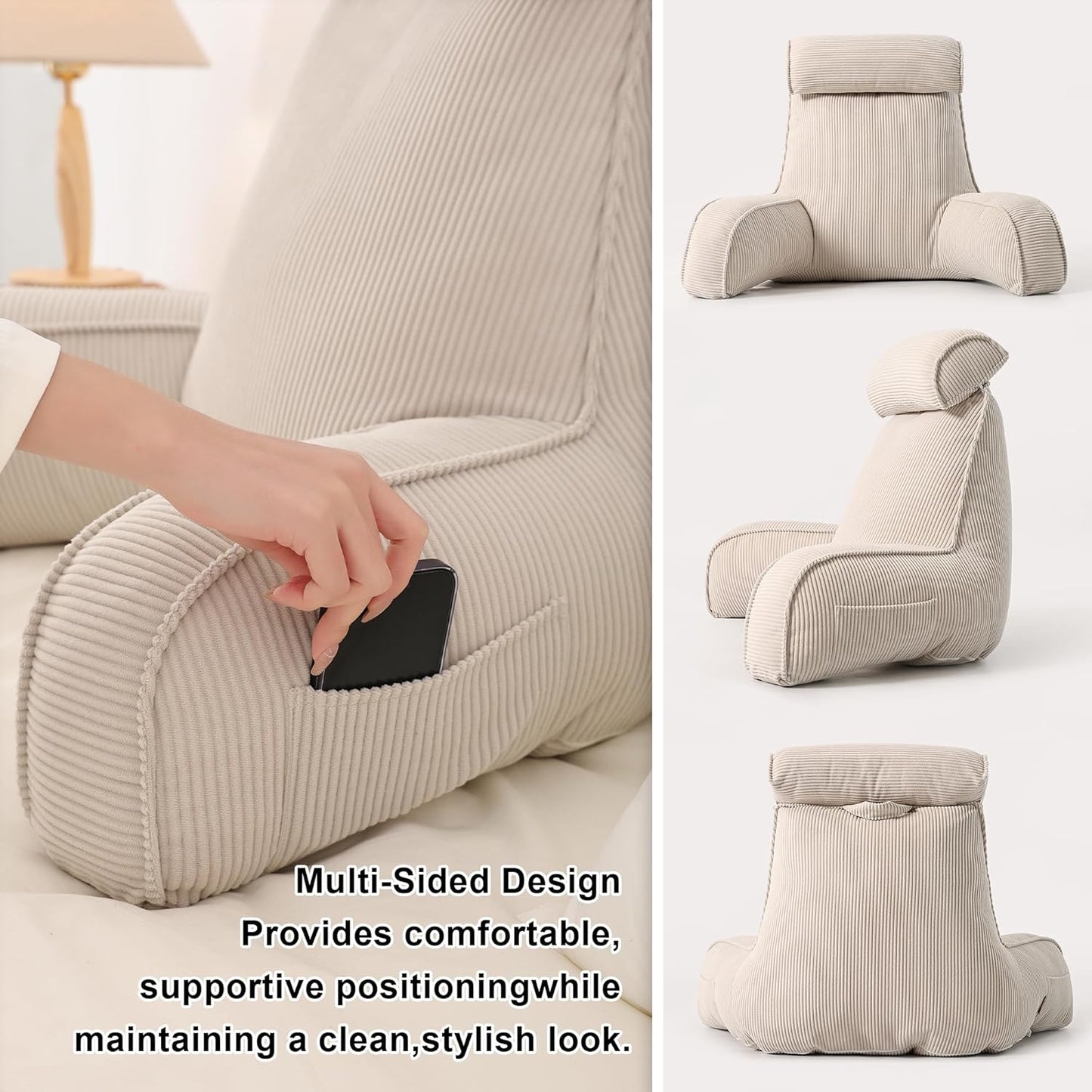 Reading Pillow for Sitting Up in Bed, Corduroy Backrest Pillow with Arms, Side Pocket & Washable Cover, Bed Rest Back Support for Adults, Teens & Kids, Dark Grey