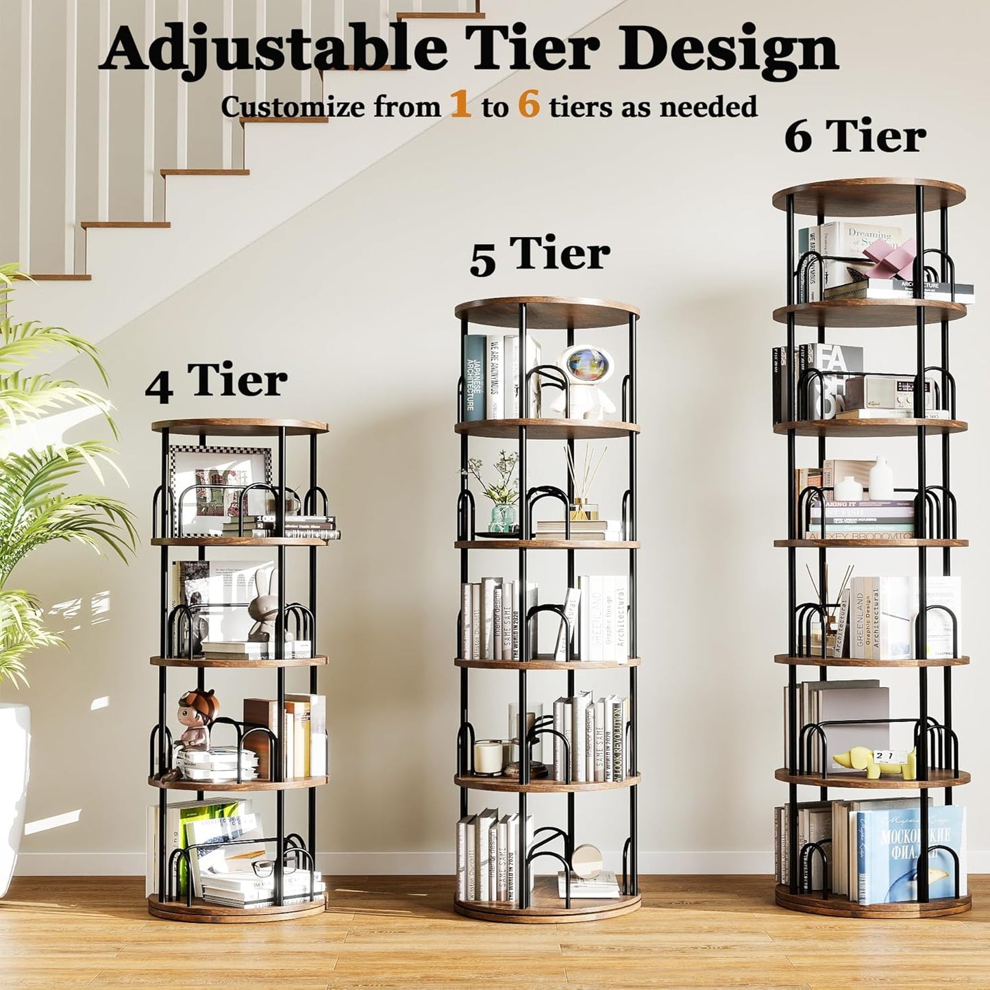 5-Tier Rotating Bookshelf, 360° Round Spinning Book Shelf Tower, Tall Skinny Wood & Metal Bookshelf for Corner/Office/Home, Modern Industrial Vintage Style