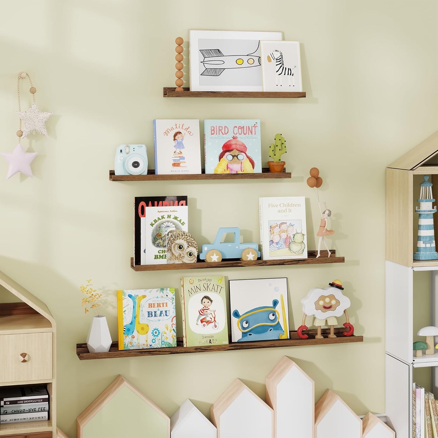 Fun Memories Picture Ledge Shelf - 30 Inches Floating Shelves Set of 4 - Floating Shelves with Lip for Storage - Wood Bookshelf Wall Mounted for Bedroom - Living Room - Kitchen - Rustic Brown