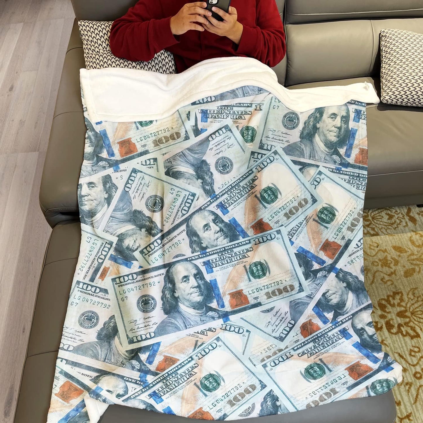 HommomH Fleece Blanket 60" x 80" Blue Funny 100 Dollar Bill Cash Us Cute Things Money Lightweight Fuzzy Cozy Soft Warm Throw for Men Women, Air Conditioning