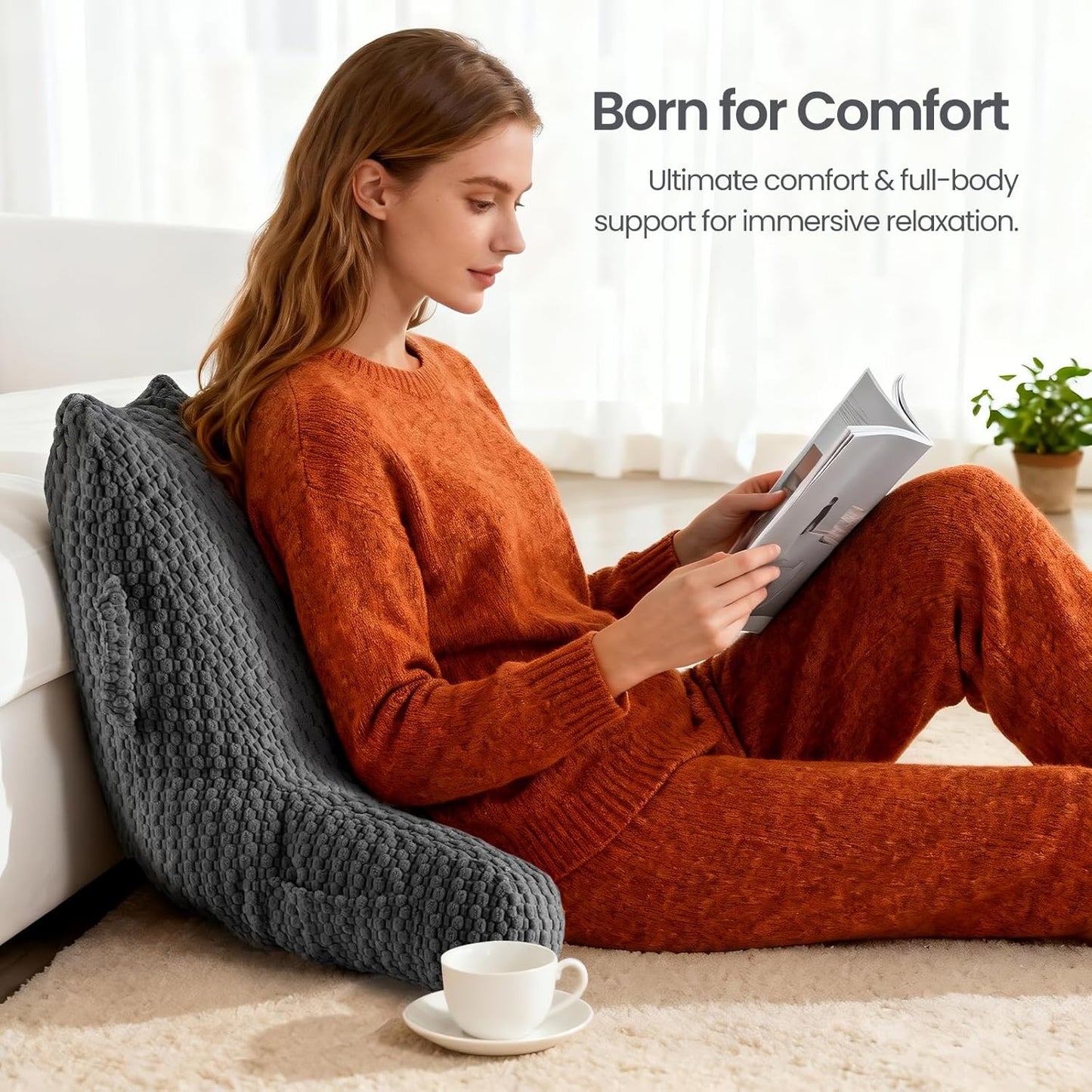 Reading Pillow, Backrest Pillow with Shredded Memory Foam, Back Support Cushion for Bed and Couch Sitting Up, Bed Pillow with Arms, Pockets and Washable Cover-Grey