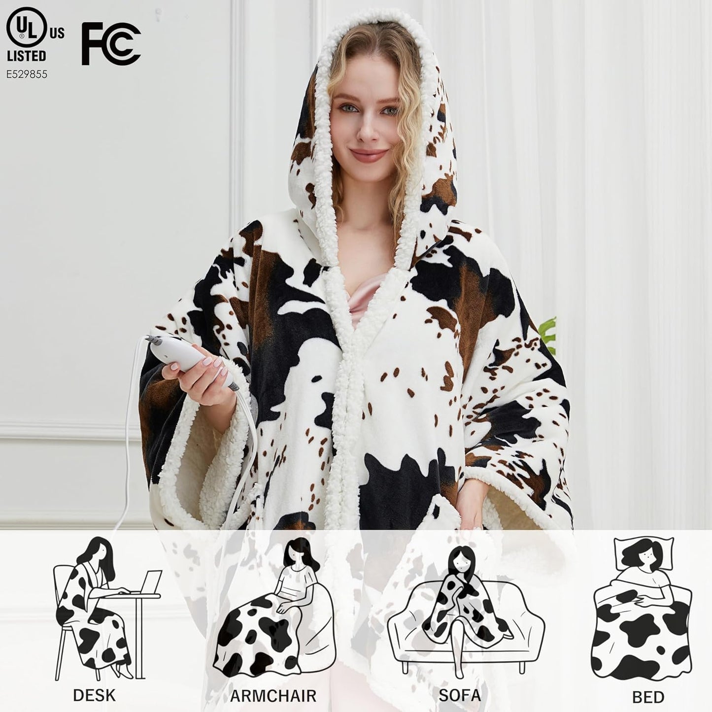 Heated Electric Blanket Shawl Cow Print Wearable Heated Blanket with Hood & Pocket, Winter Gifts for Adults, Soft Heating Blanket Throw with 4 Heat Levels & Auto Shut-Off, Cow Print, 50" x 64"