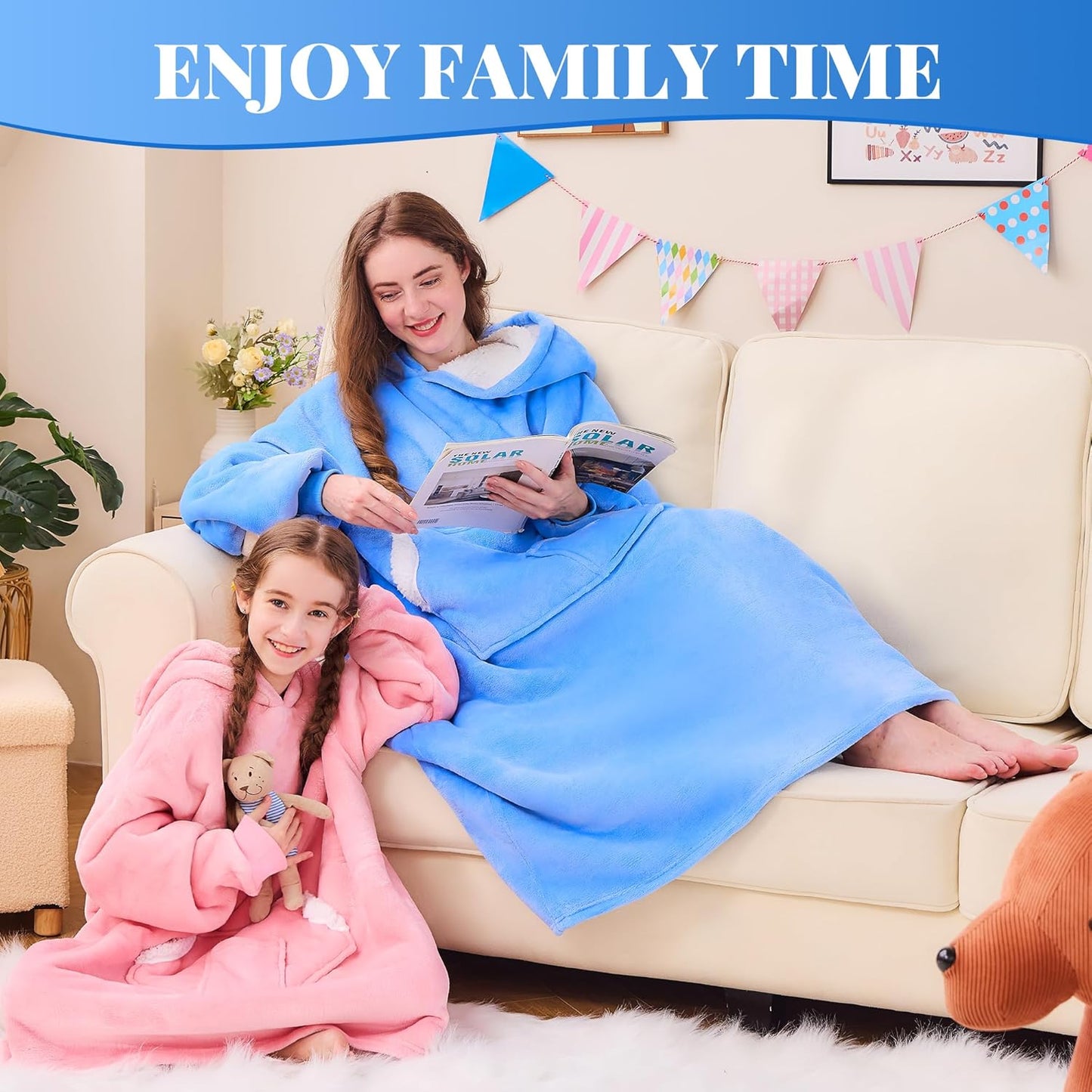 Wearable Blanket Hoodie, Birthday Christmas Gifts for Women Mom Girlfriend, Oversized Cozy and Giant Flannel Sherpa Hooded Sweatshirt Blanket with Hood Pockets & Sleeves, Extra-Long, Blue
