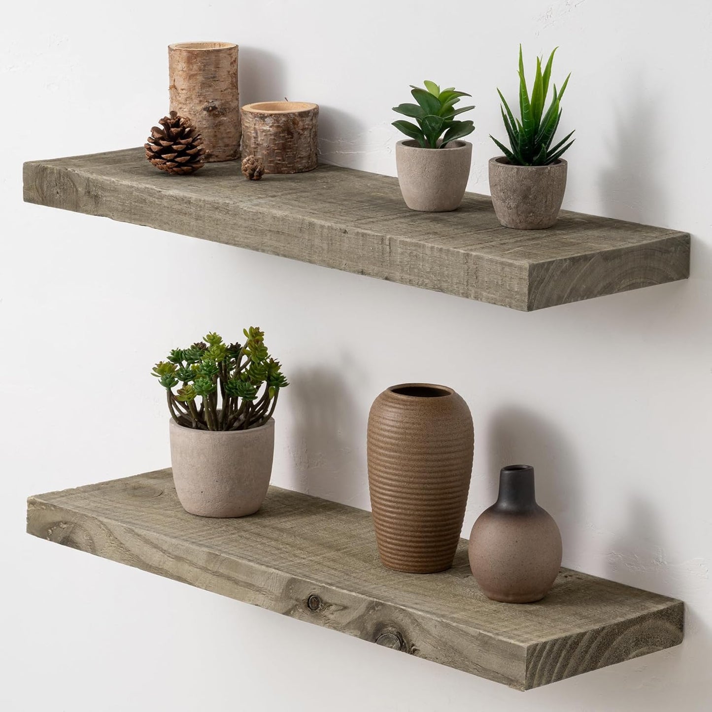 24" Long Solid Reclaimed Wood Floating Shelves, Rustic Heavy-Duty Wall Shelves with Invisible Bracket, 8" Deep Floating Shelf for Living Room, Bathroom, Bedroom and Kitchen, Set of 2, Grey