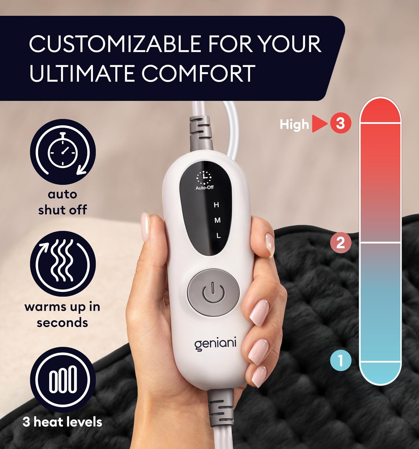 GENIANI Electric Heating Pad for Back Pain & Cramps Relief, Electric Throw, Auto Shut Off, Machine Washable, Moist Heat Pad for Neck & Shoulder - Valentines Day Gifts for Her, (12"x24" Jet Black)