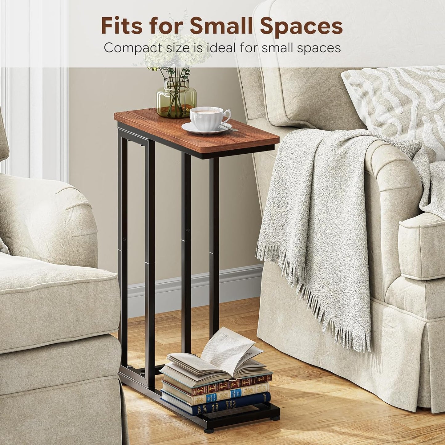 C Shaped End Table, Small Side Table for Couch, Sofa Table Snack Table with Metal Frame for Living Room, Bedroom, Rustic Brown