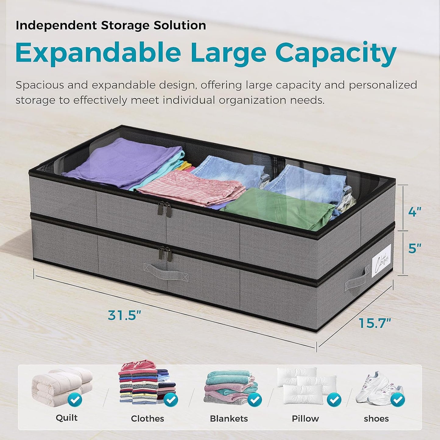 【4 compartments】2 Pack Under Bed Storage, Double Layer Extensible Underbed Storage Containers,Dust-free Clothes Storage Bins with Sturdy Sidewalls/Bottom,PVC Clear Window for Shoes Storage Organizer