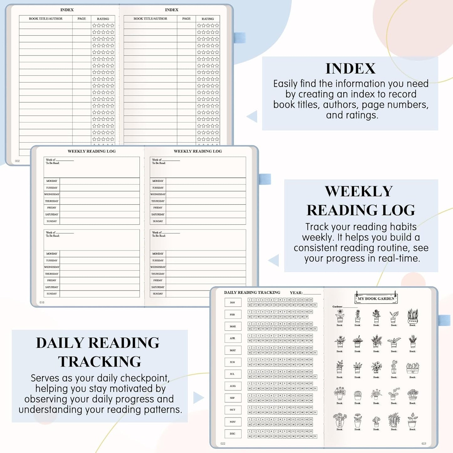 AKONEGE Reading Journal for Book Tracking - PU Leather Book Journal Reading Log with 80 Reviews for Readers, Accessories with Sticky Tabs, Pen Holder, Ribbon Bookmarks, 5.6" x 8.3", Light Blue