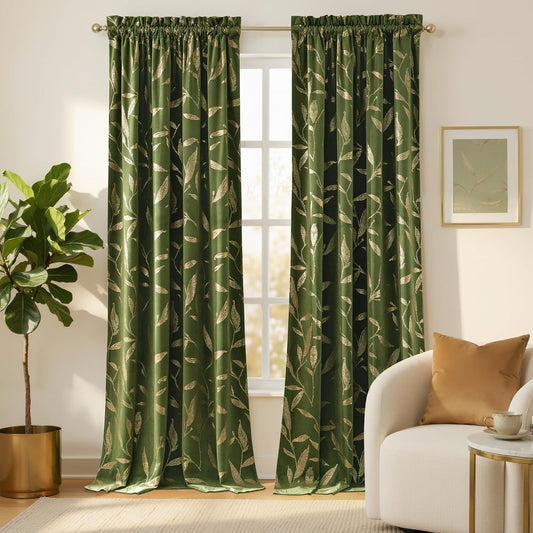 NICETOWN Olive Green Velvet Curtains with Gold Foil Leaf Print – Vintage Drapes for Bedroom, Luxury Botanical Window Treatments for Cottagecore & Mid-Century Decor, Thermal Rod Pocket, W50 x L84