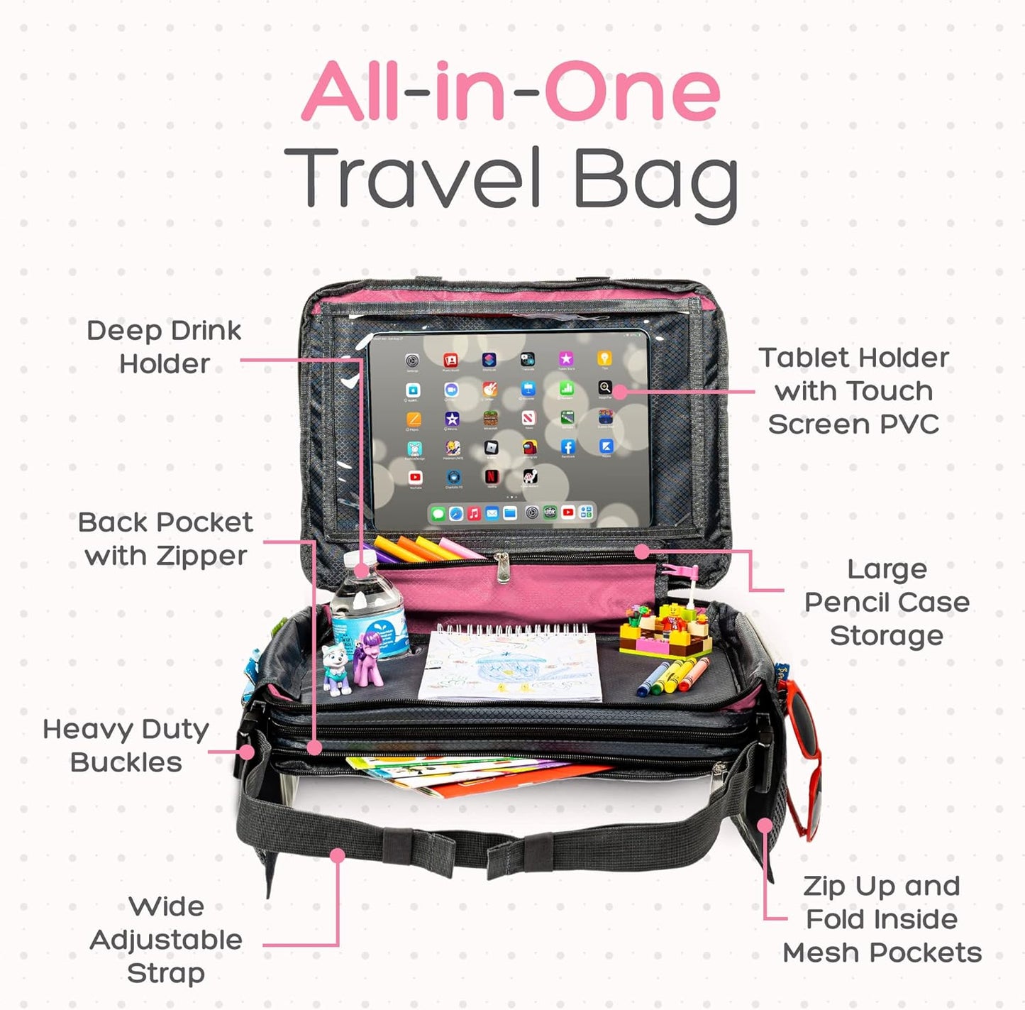 BE Family Travel Kids Car Seat Travel Tray, Car Accessories for Children, Car Seat Snack Tray, Traveling Essentials for Kids, Toddler Lap Tray for Engaging Activities, Multipurpose Design, Pink