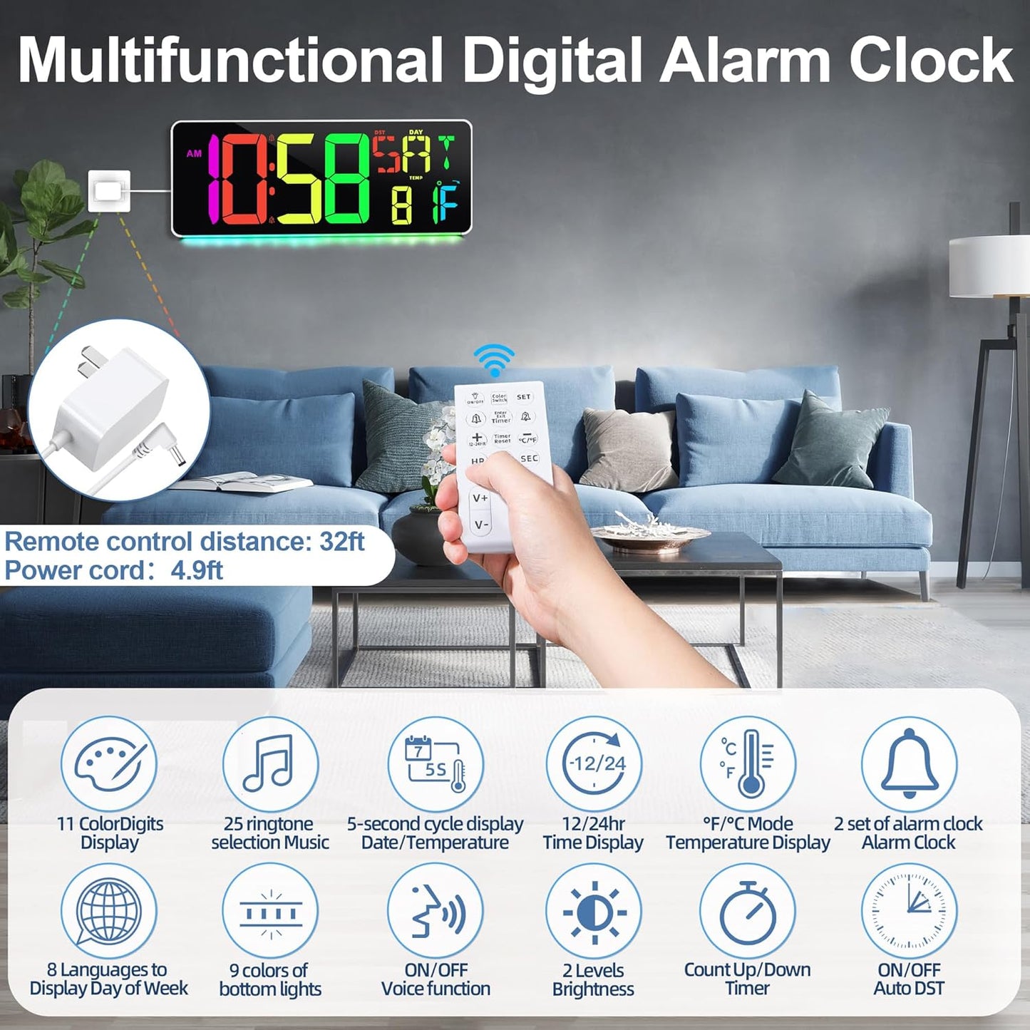 CYMHCHL Large Digital Wall Clock Large Display 11 Colors Available with Colorful Night Light Temperature Date Week DST Auto-Dimming Big LED Clock Count Up & Down Timer for Home Gym Office School