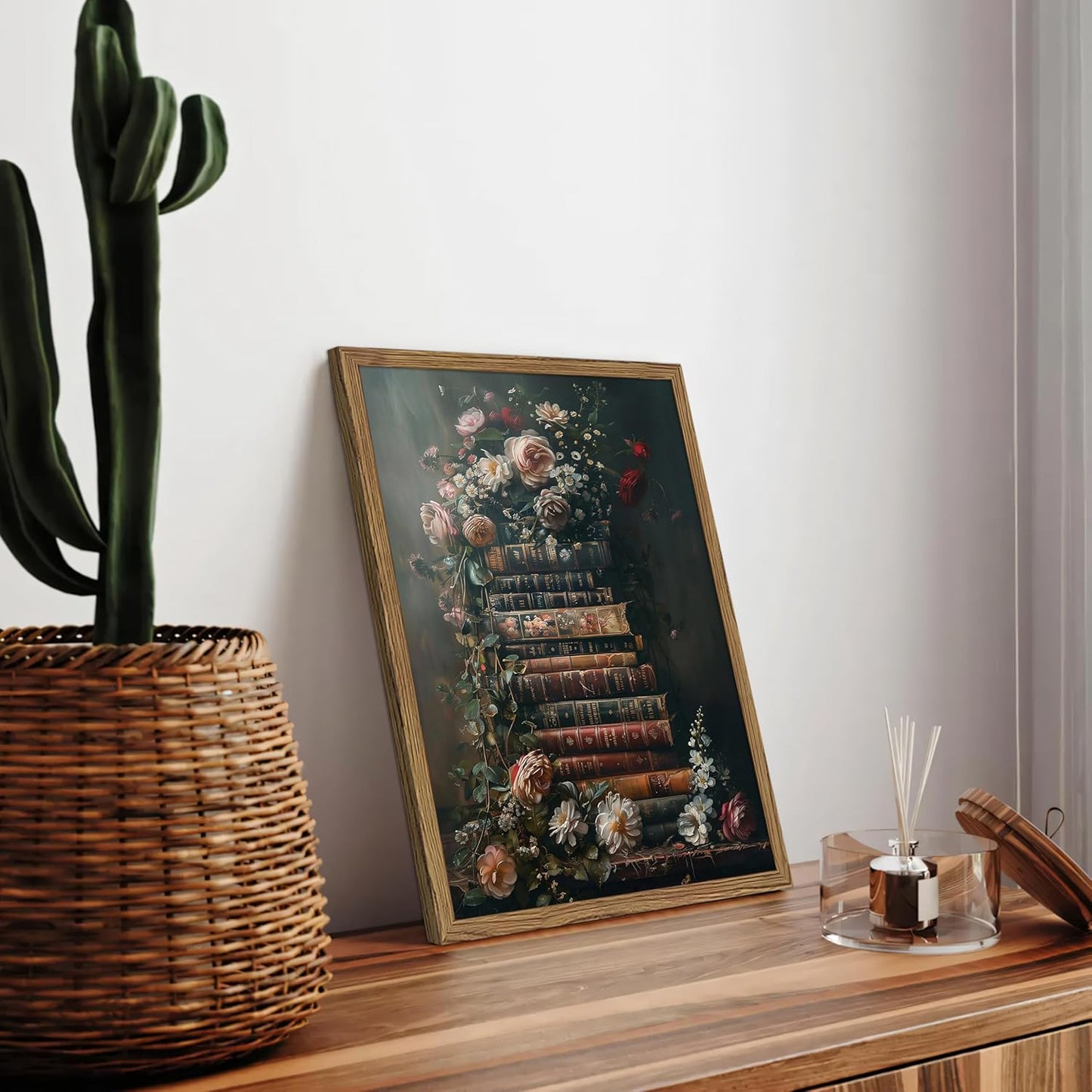 Framed Vintage Floral Wall Art – Moody Dark Flowers & Antique Books Oil Painting, Dark Academia Floral Canvas Wall Decor, Solid Wood Frame Picture for Living Room Office 16x12in