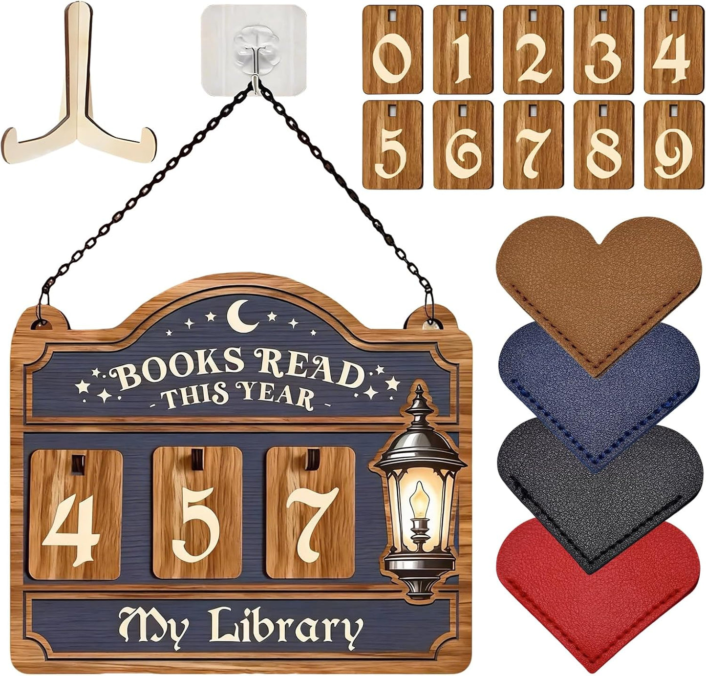 Books Read This Year Counter Decorative Signs with 4PCS Heart-Shaped Bookmarks, Reading Tracker Sign, Beautiful Book Decor for Home Library, Bookshelf & Wall, Gift for Book Lovers, Librarians,Teachers