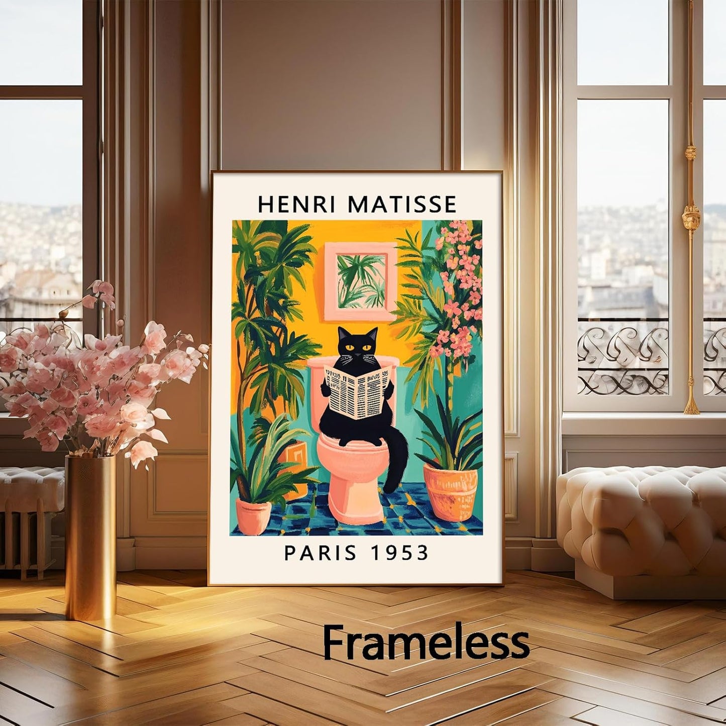 Matisse Black Cat Wall Art Funny Animal Aesthetic Posters Aesthetic Preppy Pictures Boho Artwork For Bathroom Black Cat On Toilet Reading Newspaper Wall Art Matisse Botanical Prints 16x24in Frameless