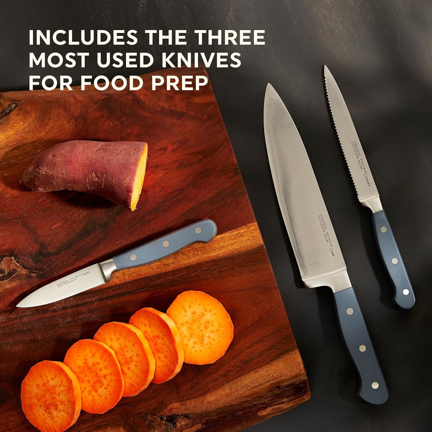 Chicago Cutlery Halsted (3-PC) Cutlery & Wooden Block Set, Ergonomic Handles and Sharp Stainless Steel Professional Chef Cutlery Set