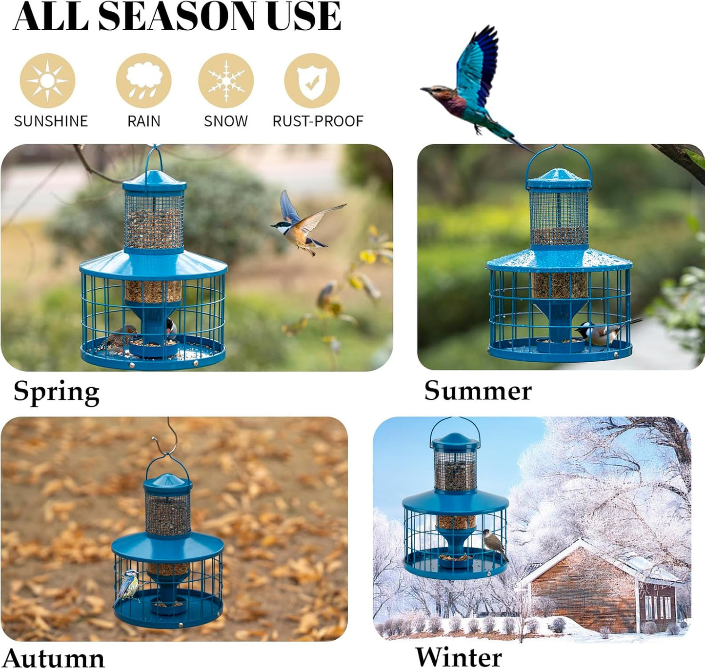 Caged Bird Feeders Squirrel-Proof, Metal, 2.8 Lbs Capacity-Cage Tube Seed Feeders with Tray Outdoor Hanging, Attract Birds,Detachable Cleaning, Starling Proof Wild Bird Feeder（Blue）