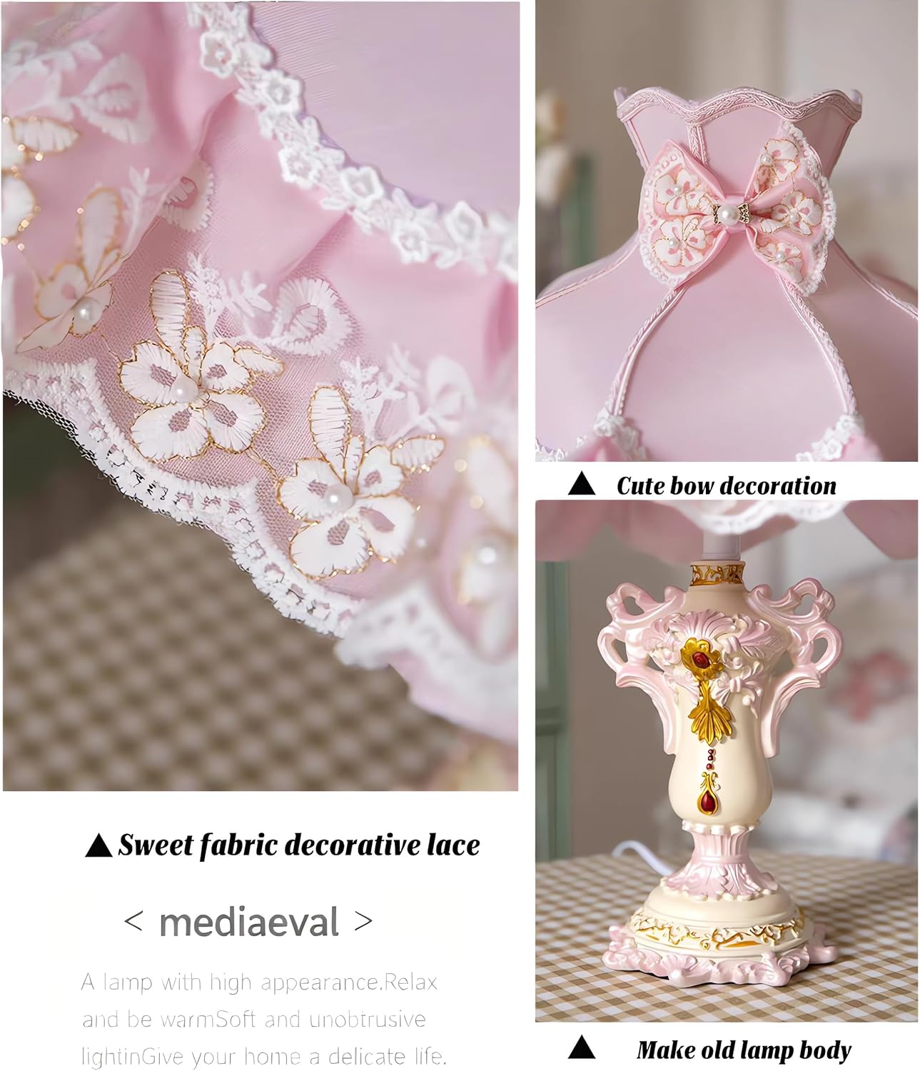 European Princess Pink Table Lamp with Fabric Shade, Resin Carved Base Bedside Nightstand Light, Vintage Romantic Bedroom Nursery Study Vanity Living Room Wedding Decor Lighting