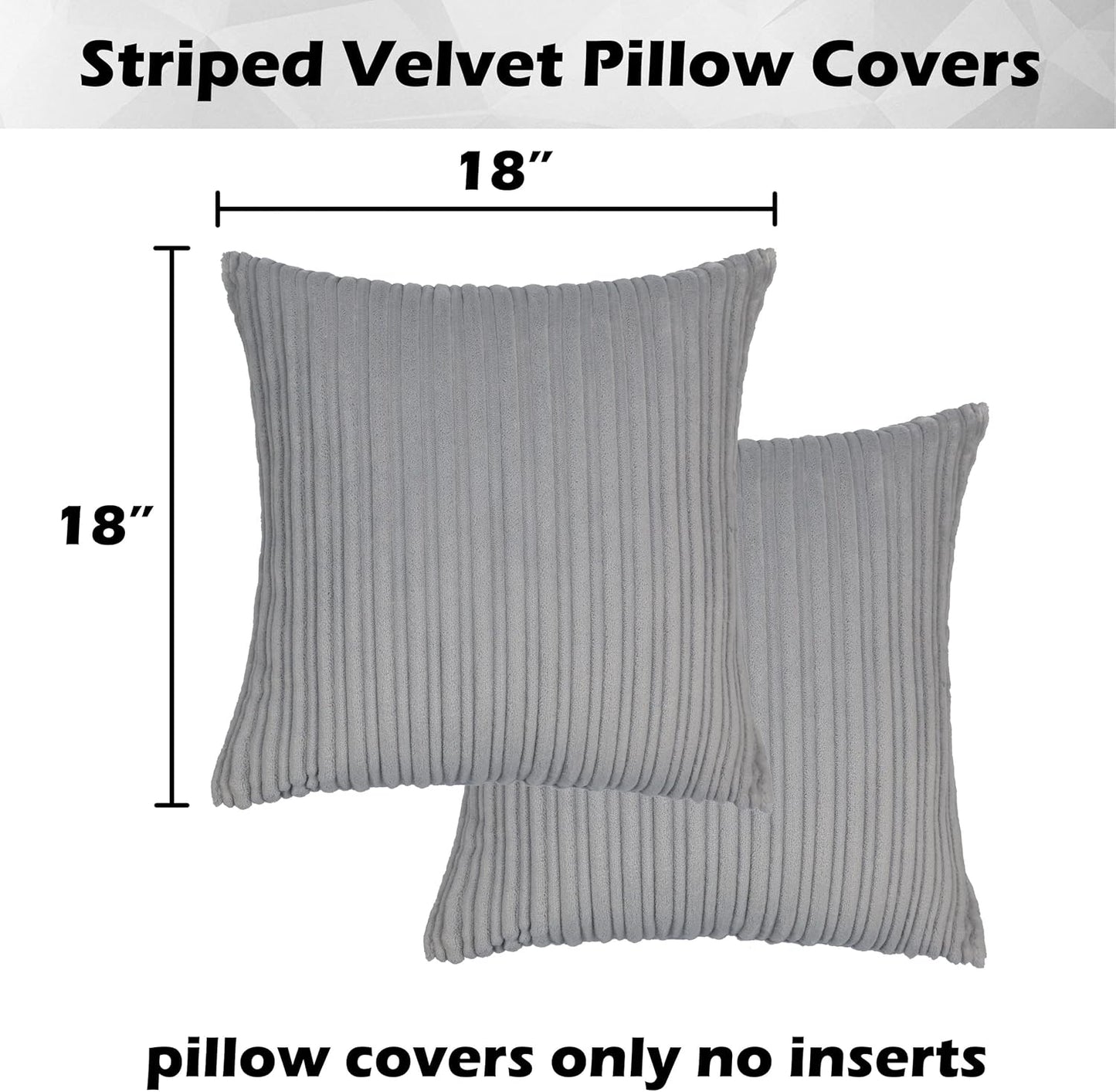 Kevin Textile Decorative Pillow Covers Decor Supersoft Striped Velvet Throw Toss Pillowcase Cushion Cover for Chair, Light Grey, (45x45 cm, 18inch), 2 Pieces