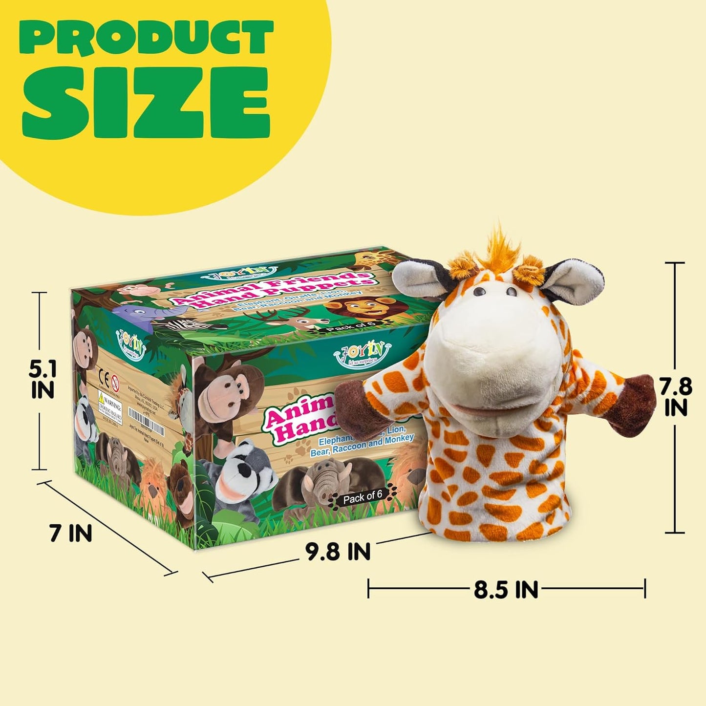 JOYIN 6Pcs Kids Hand Puppet Set with Working Mouth, Toddler Plush Toy Includes Elephant, Giraffe, Lion, Bear, Raccoon and Monkey for Show Theater, Easter Birthday Gifts for Kid