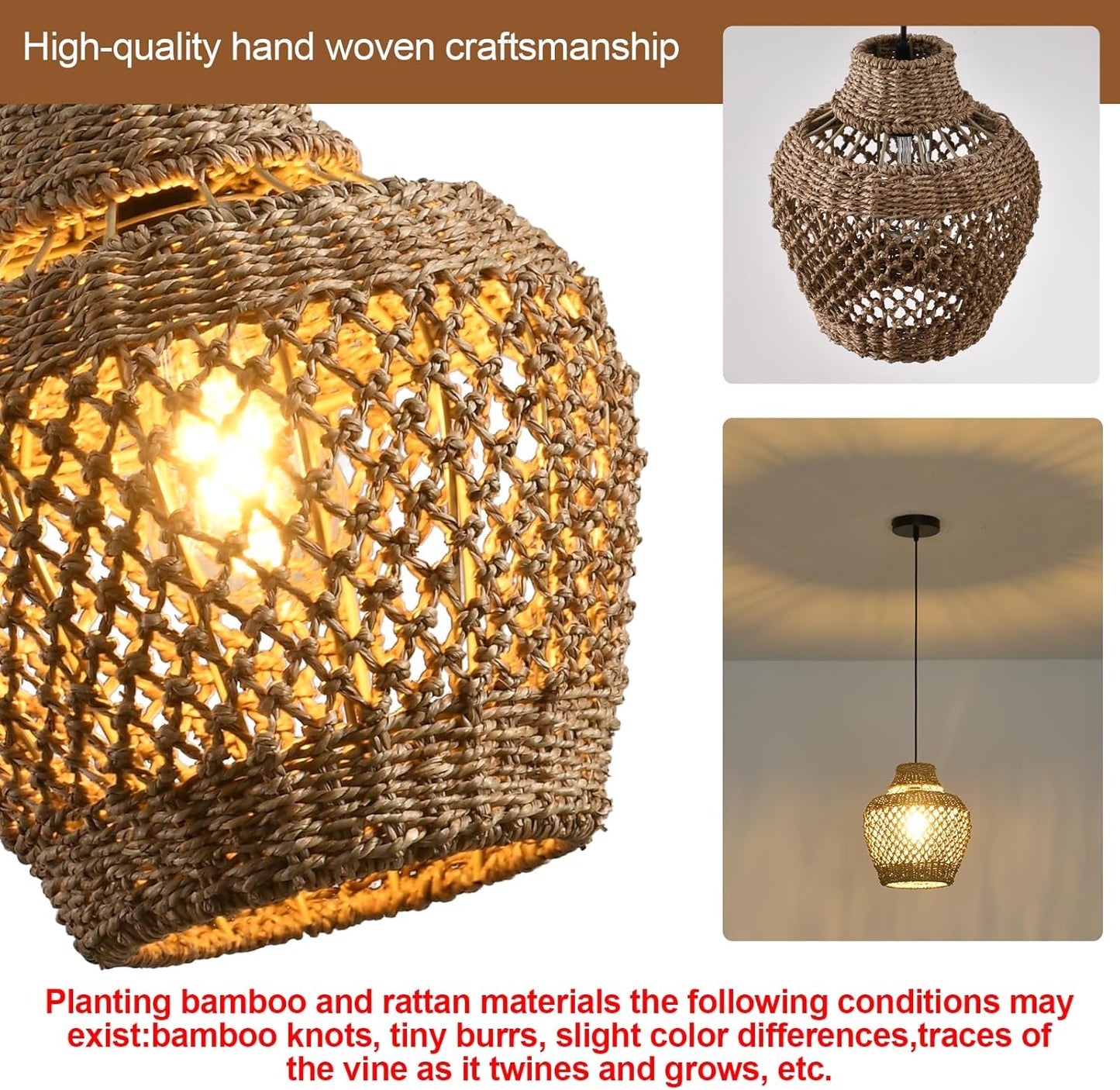 Rattan Pendant Light Fixtures,11.02" Boho Rattan Pendant Light,2-Pack Hand Woven Seagrass Chandelier for Workplace Occasions Restaurants Dining Living Bedroom Kitchen Farmhouse