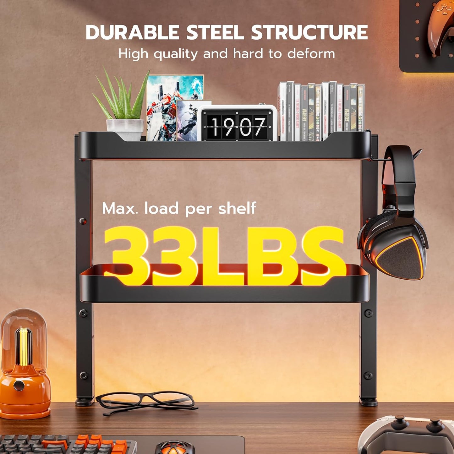 ARES WING 2-Tier Clamp On Desk Shelf, 16 inch Adjustable Above or Under Desk Storage Shelves Holds 66 lbs, Heavy Duty Desktop Organizer with Headphone Holder for Working and Gaming Accessories, Black