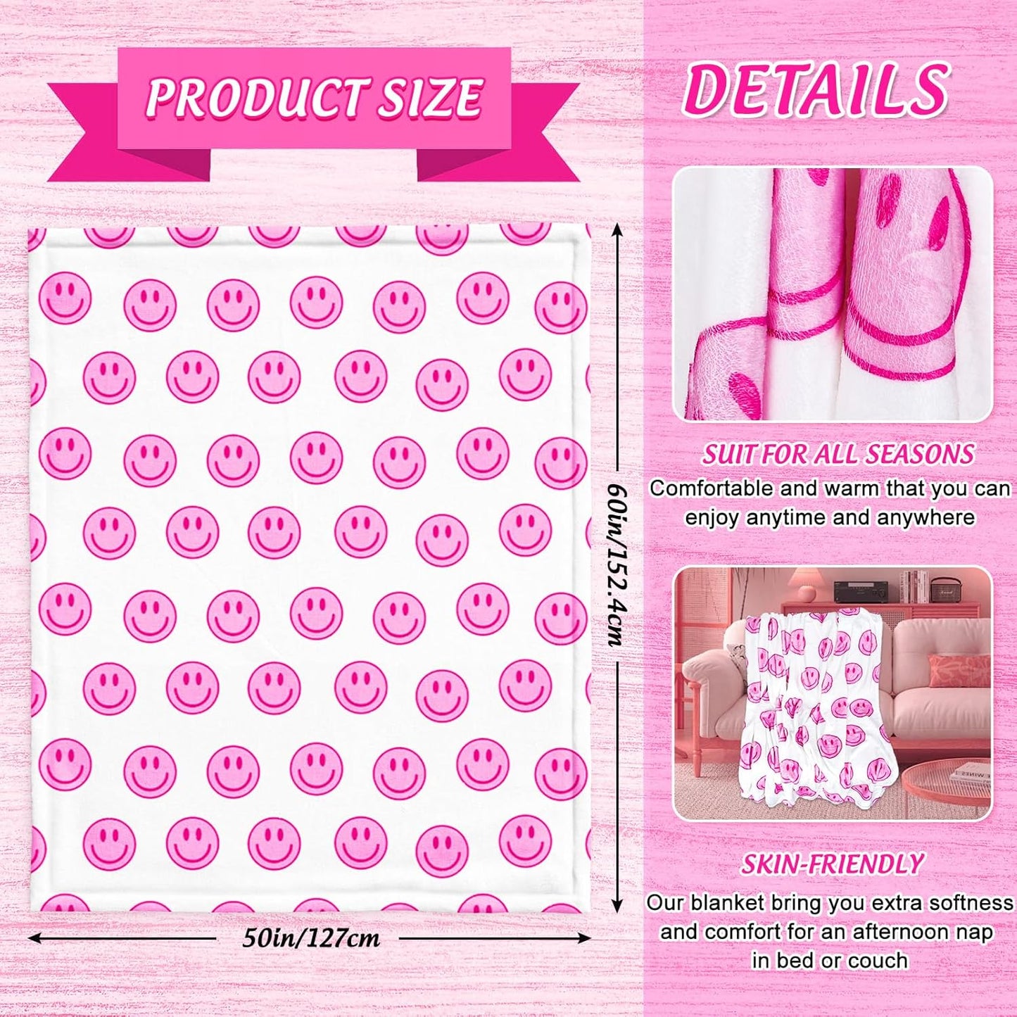 JarThenaAMCS Smile Face Fuzzy Throw Blanket Pink Preppy Smile Decorative Soft Cozy Flannel Blanket for Home Bed Sofa Couch Chair, 50 x 60 Inch
