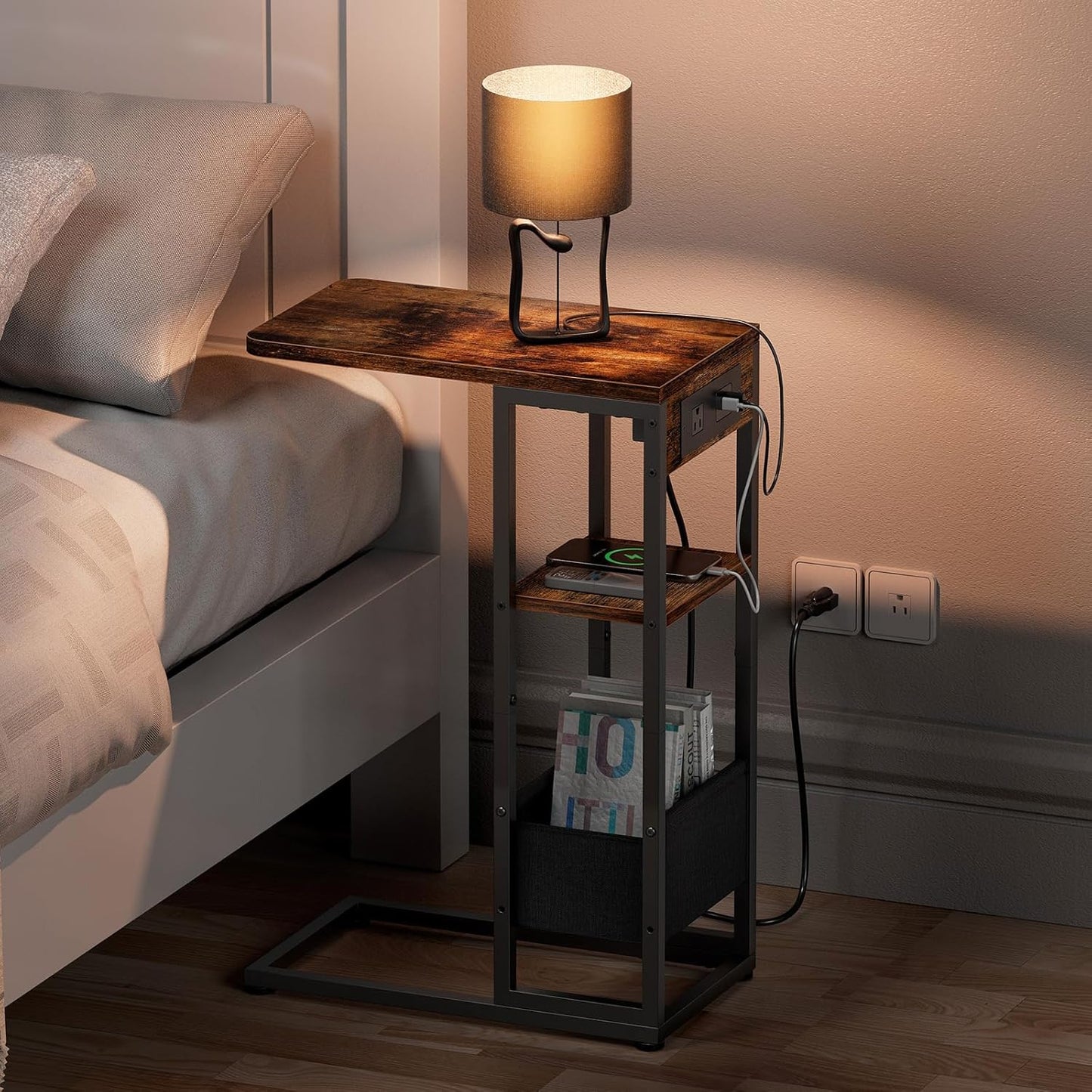 C-Shaped End Table with Charging Station — 3-Layer, Storage Bag, AC Outlet, USB Ports, Slide-Under Sofa Desk