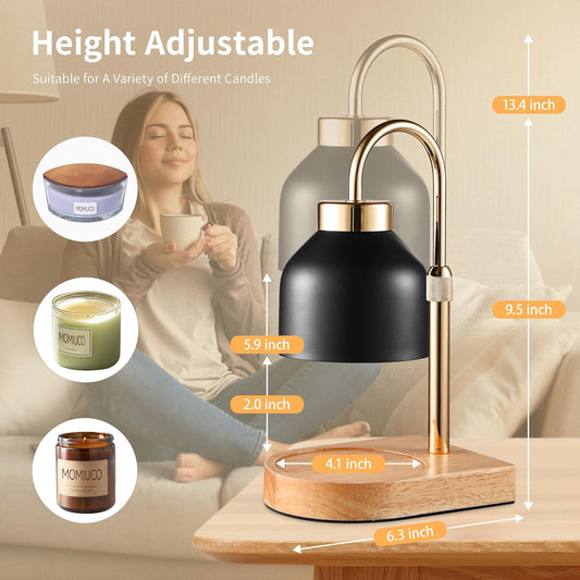 Candle Warmer Lamp with Timer and Dimmer, Height Adjustable Wax Melts Warmer for Jar Candles, Modern Retro Glass Shade Wood Base, Aesthetic Home Decor, Birthday Gifts for Women Mom, 2 Bulbs