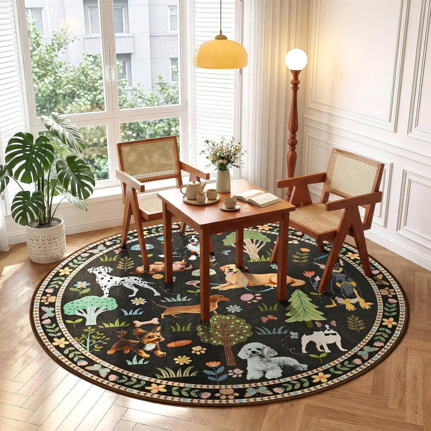 ST. BRIDGE 4ft Brown Round Area Rug, Washable Boho Animal Dog Non-Slip Circle Rug, Soft Thin Stain-Resistant Low-Pile Carpet for Entryway Kitchen Living Room Bedroom Nursery Kids Playroom