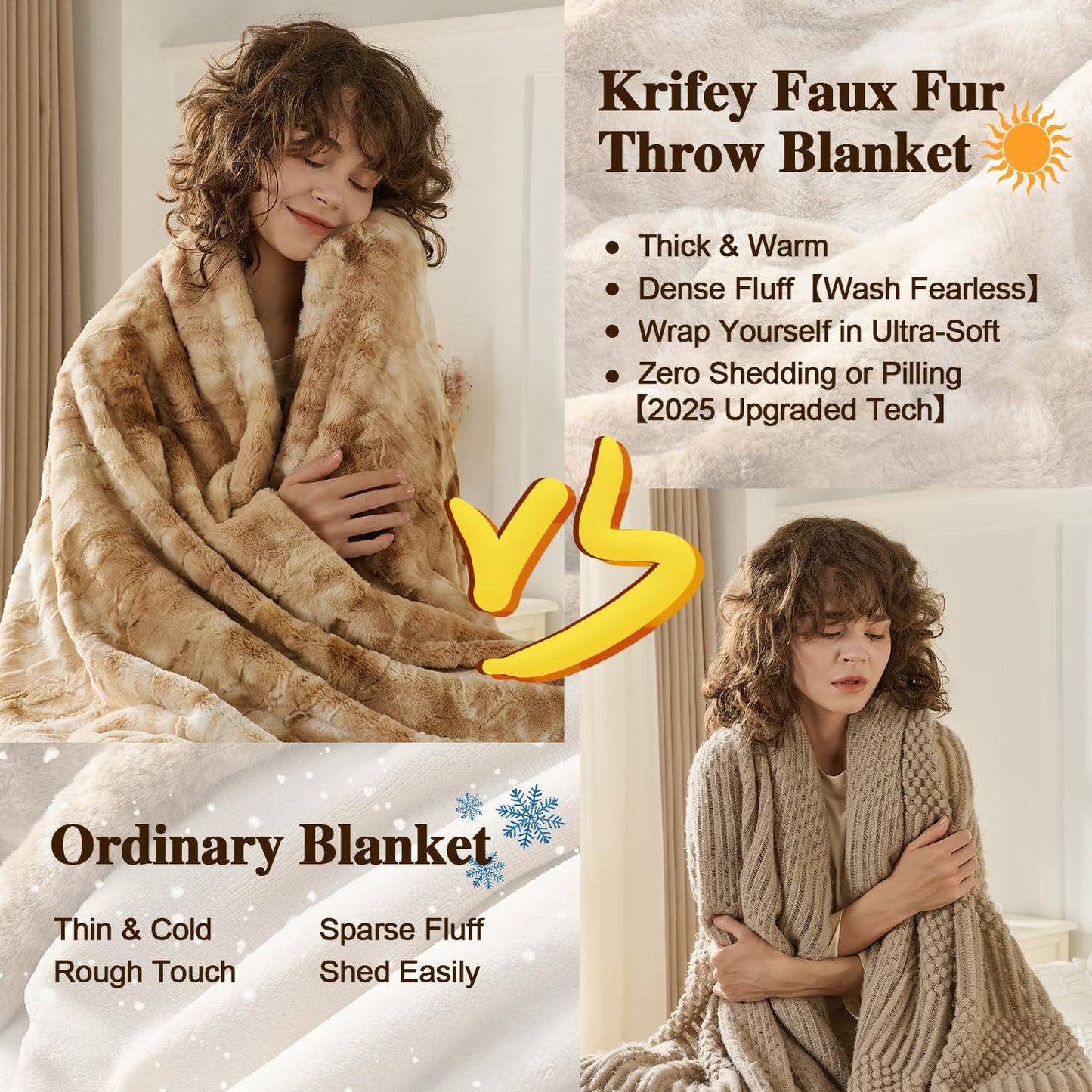Krifey Oversized Faux Fur Blanket, Super Soft Cozy Blanket, Luxury Fluffy Throw Blanket Fuzzy Bed Throw, Plush for Women, Marbled Beige 60" x 80"
