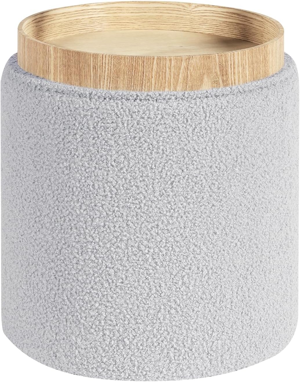 PINPLUS Round Boucle Ottoman with Tray, Storage Teddy Velvet Footstool Ottoman Cube for Living Room, Bedroom, Dorm 13.4"x13.4"x15" (Grey)