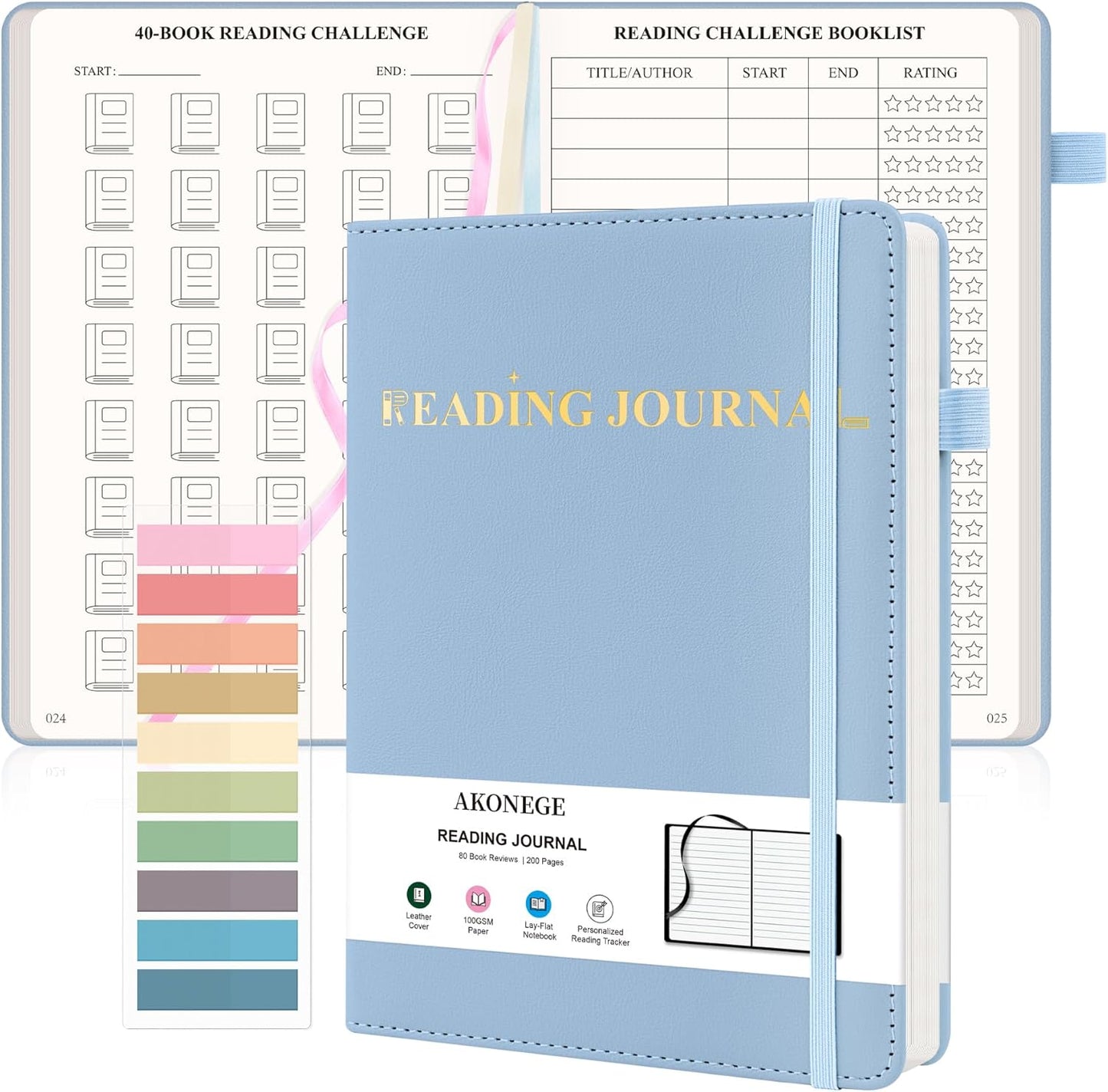 AKONEGE Reading Journal for Book Tracking - PU Leather Book Journal Reading Log with 80 Reviews for Readers, Accessories with Sticky Tabs, Pen Holder, Ribbon Bookmarks, 5.6" x 8.3", Light Blue
