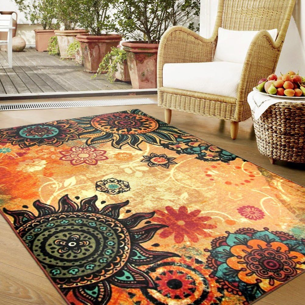 Contemporary Boho Retro Style Abstract Living Room Floor Carpets,Non-Skid Indoor Large Area Rugs,52"x75" Lotus