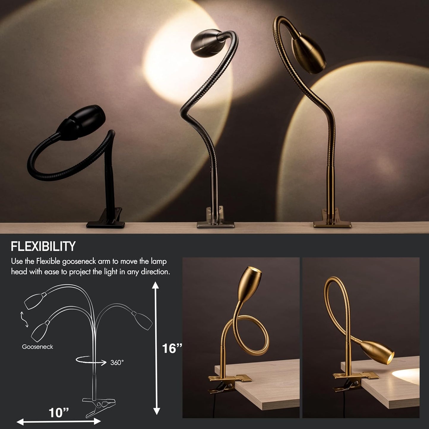 O'Bright Lumos - Versatile Clip-on Lamp: Zoomable Spotlight, Dimmable LED, Flexible Gooseneck, 4000K Light, 100% Metal Clamp - Ideal for Reading, Crafting, Work, and Headboards, Black