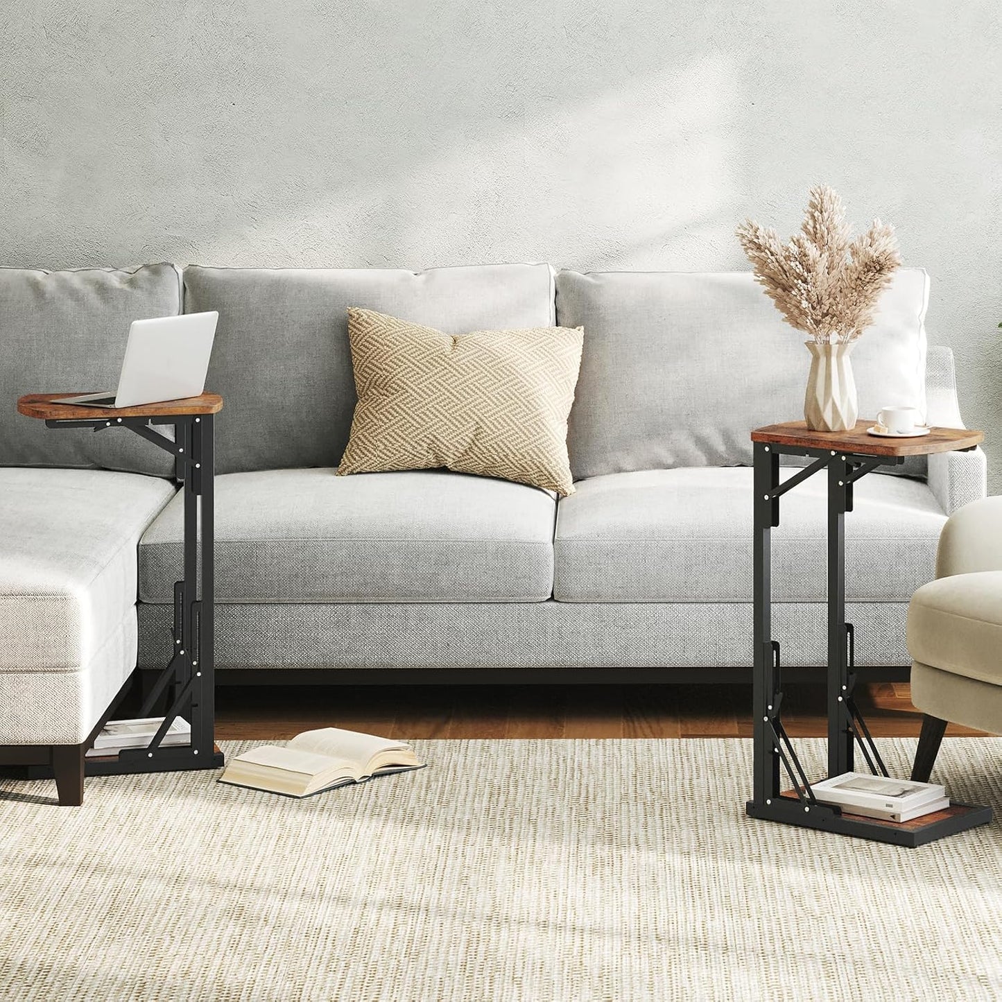 Set of 2 Folding Samll Side Table, C-Shaped End Table for Couch, Slide Under Couch Side Table for Sofa Bed, Folding End Table for Small Spaces, Living Room, Bedroom, Rustic Brown ETHR4101S2
