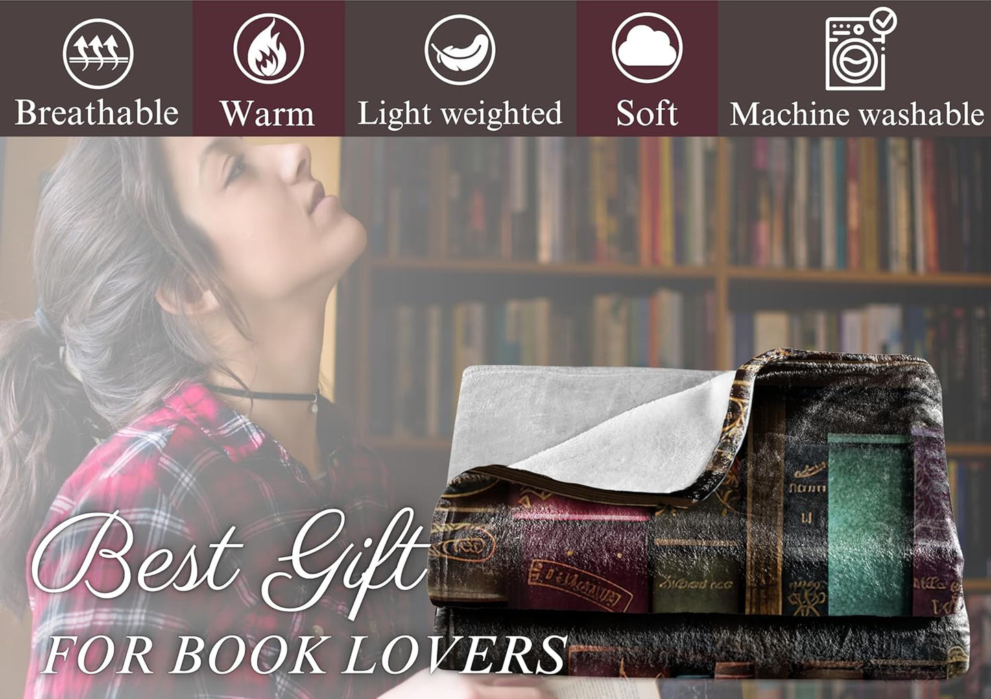 Book Lovers Throw Blanket - Blankets for Club, Librarians, Readers and Literary Lover - Book Lover Gifts on Birthday, Christmas - 50" x 65" - Dark