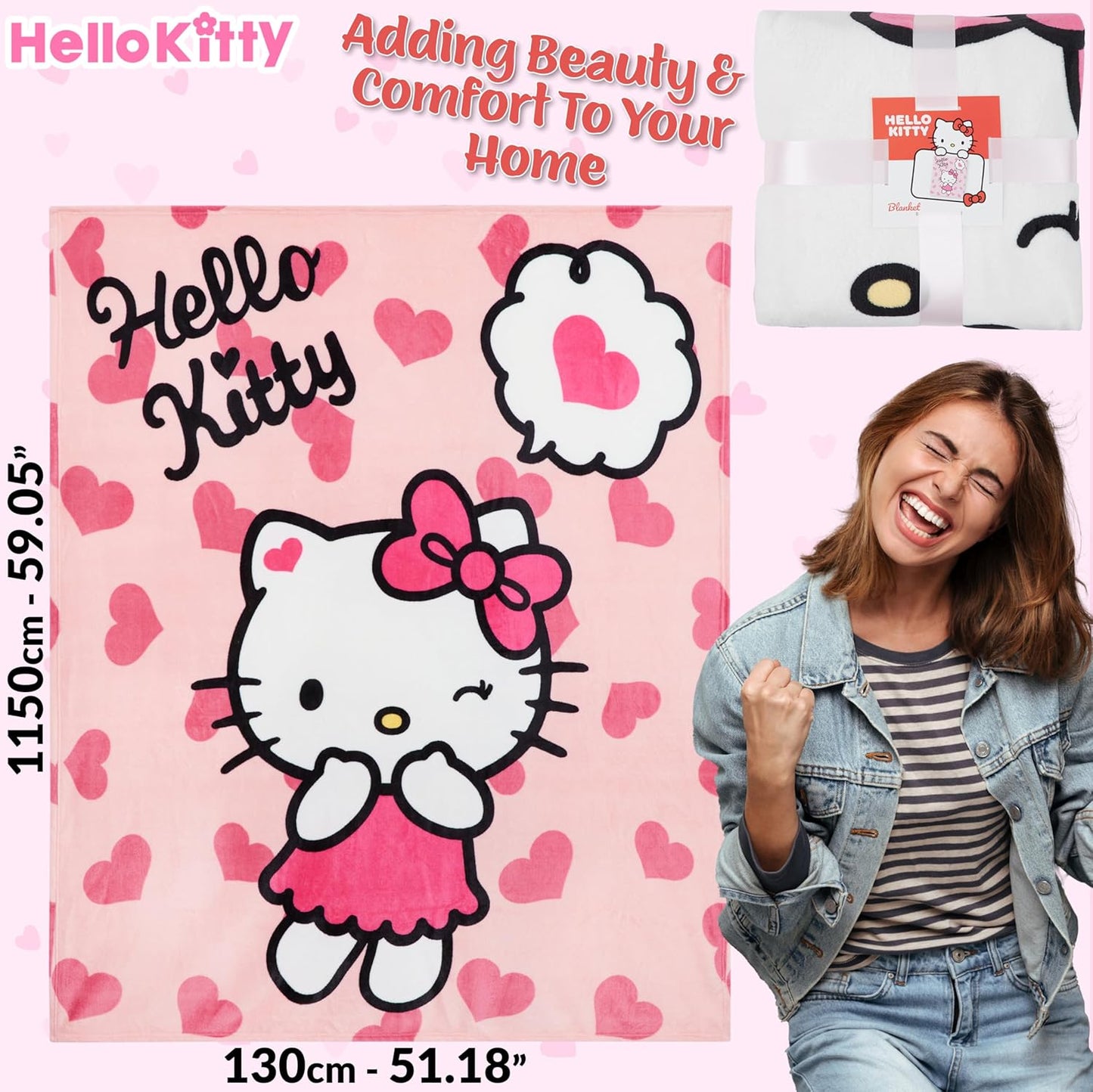 Hello Kitty Sanrio Fleece Throw Blanket, 59x51in, Cinnamoroll Soft Bedding, Bed Decor, Room Decor, Kawaii Gifts for Women (Pink Hello Kitty)