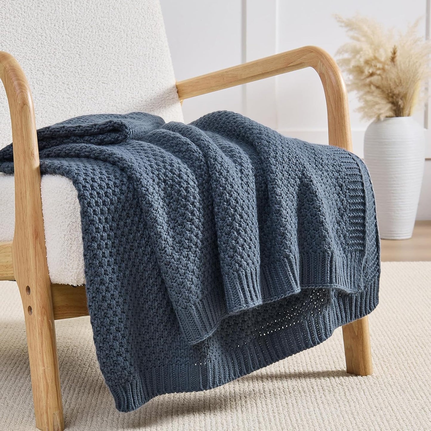 Blue Throw Blanket, Knit Throw Blanket for Couch, Soft Cozy Warm Lightweight Reversible Decorative Moss Stitch Cable Knitted Blankets for Bed, 60x80 Inches, Dusty Blue